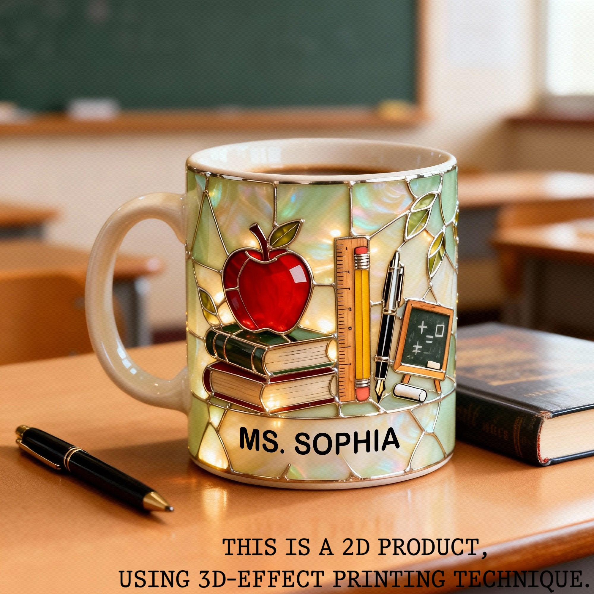 Personalized Stained Glass Teacher Mug, Custom Name Teacher Appreciation Gift, Aesthetic Classroom Coffee Cup, Ms. Sophia Custom Mug, Apple & Books School Themed Drinkware, Back to School Gift for Teachers, Educational Icon 3