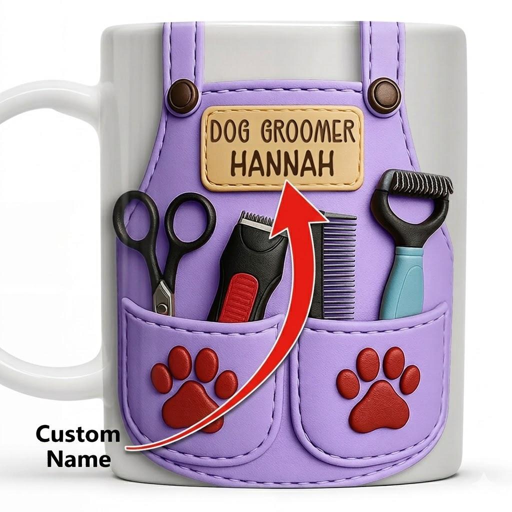 Personalized 3D Graphic Effect Dog Groomer Coffee Mug, Custom Name Purple Apron Ceramic Cup, Paw Print Grooming Tools, Professional Animal Care Drinkware 2