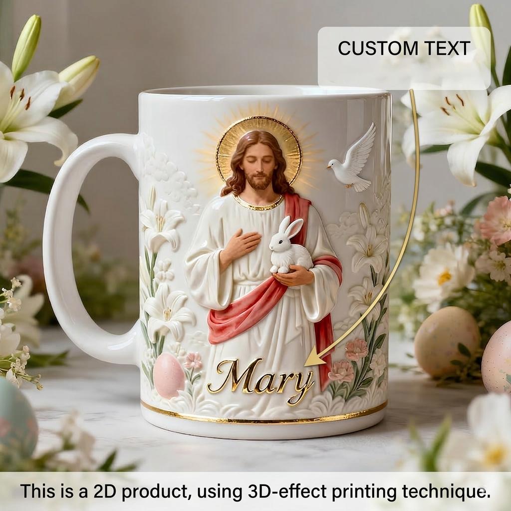 Personalized Jesus Easter Mug, Custom Name Religious Coffee Cup, Christian Mother's Day Gift, 3D Inflated Effect Print 2D Ceramic Mug, Rabbit Lily Spiritual Gift 2