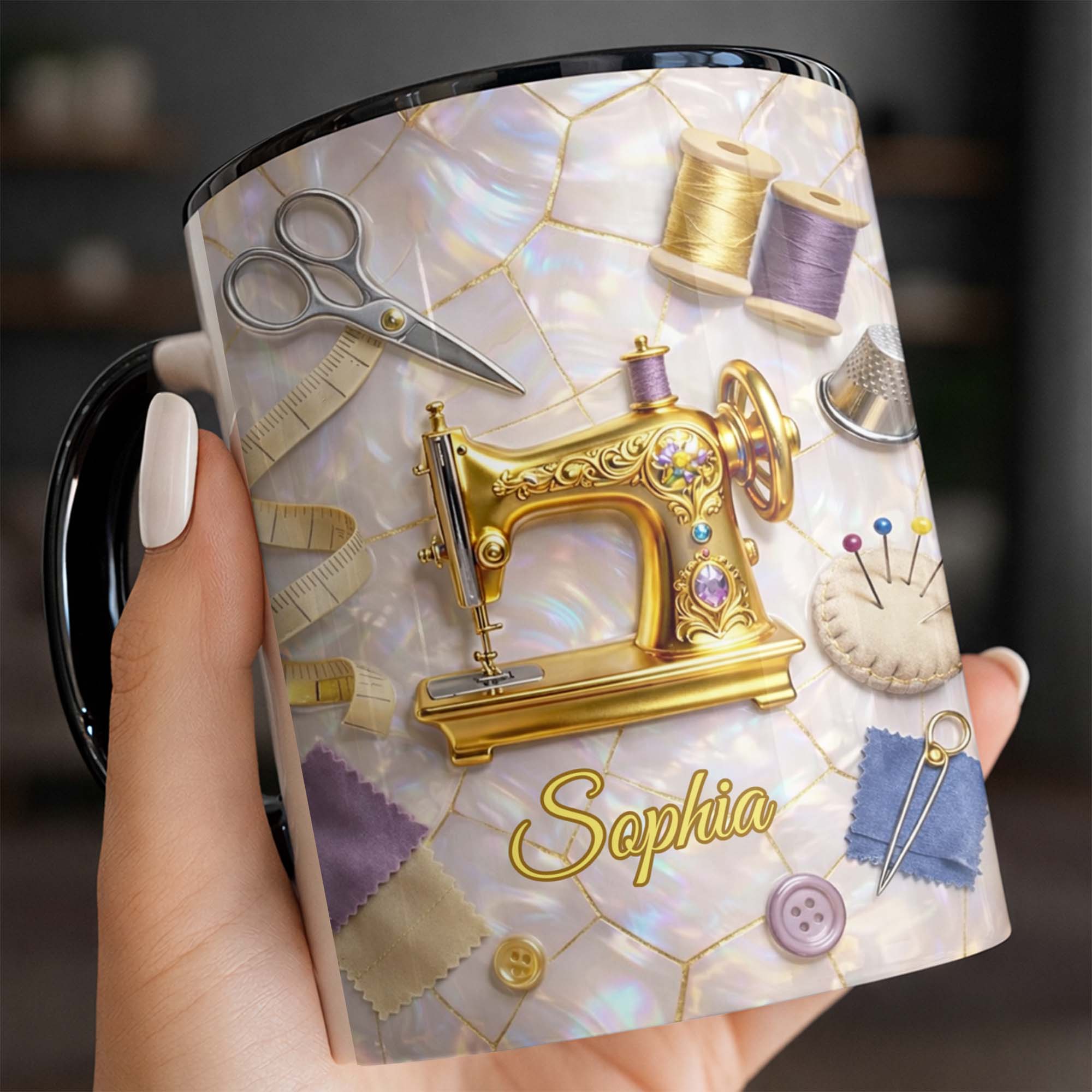 [Flash Deals] BojjiArtist Personalized Vintage Sewing Machine Coffee Mug – Custom Name Seamstress Gift, Iridescent Mother of Pearl Mosaic Cup, 3D Effect Golden Sewing Machine Illustration 3