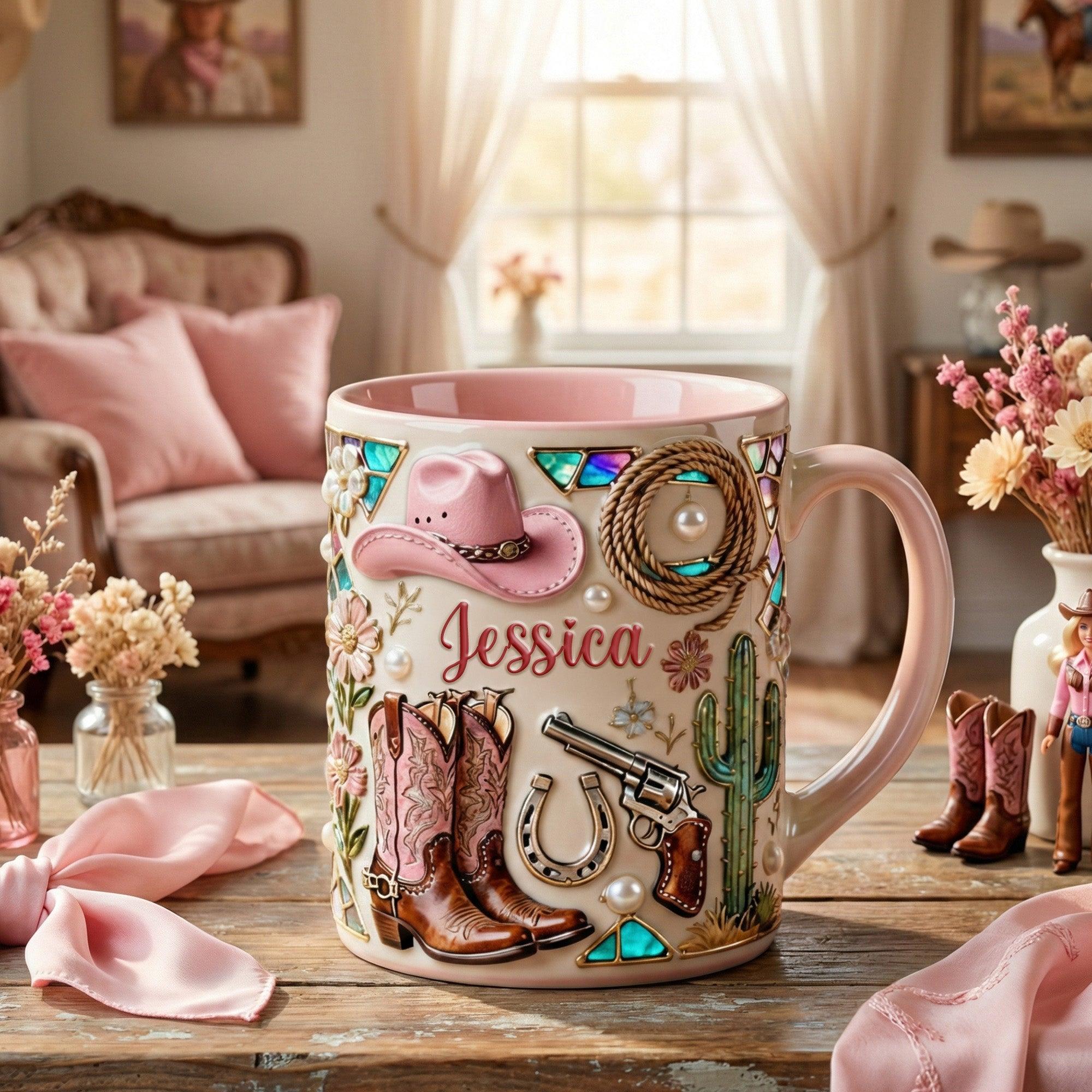Personalized Coastal Cowgirl Aesthetic Mug, Custom Name Pink Western Coffee Cup, Pink Cowboy Hat & Boots Drinkware, Boho Rodeo Queen Gift for Her, Desert Vibes Iridescent Ceramic Mug, Whimsical Western Core Office Decor 3