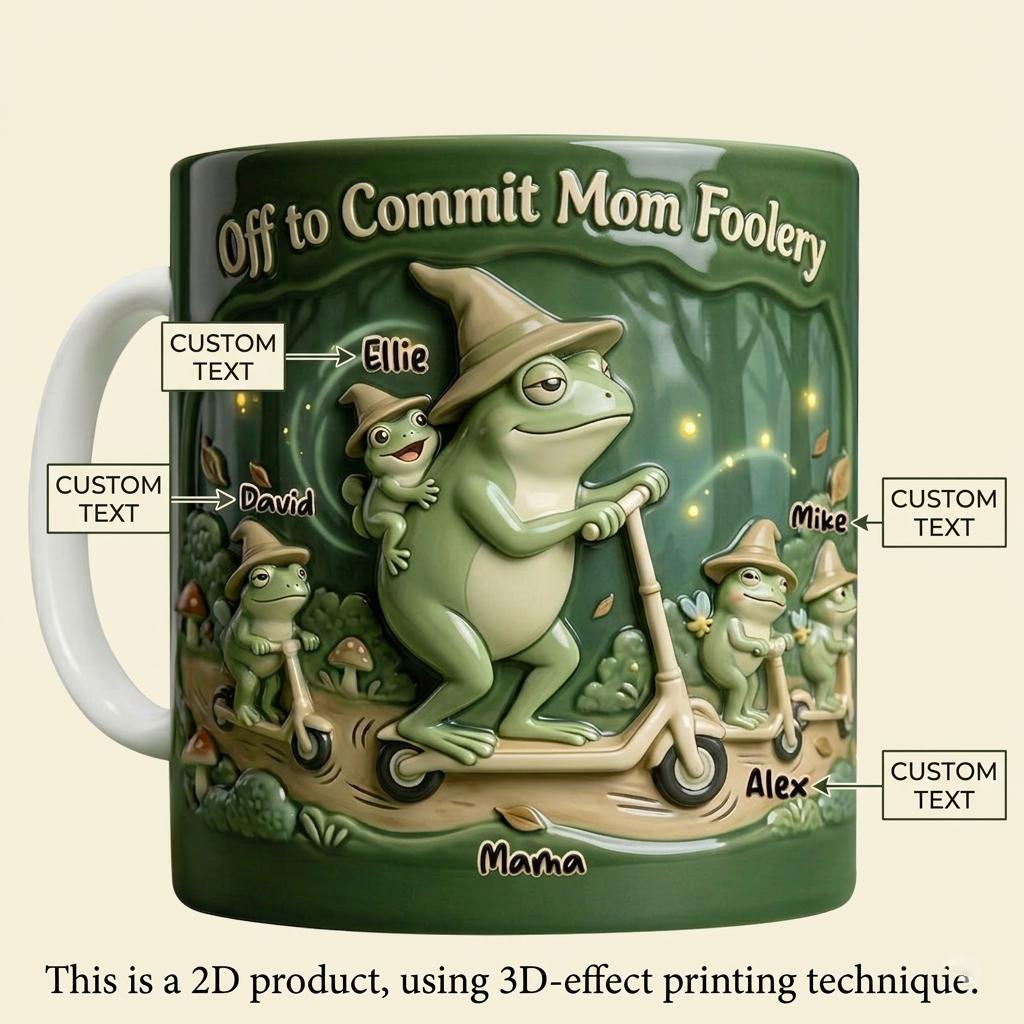 Personalized Off To Commit Mom Foolery Frog Mug, Custom Kids Names Cup, Mother's Day Gift, 3D Inflated Effect Print 2D Mug, Funny Frog Lover Mom Gift 2