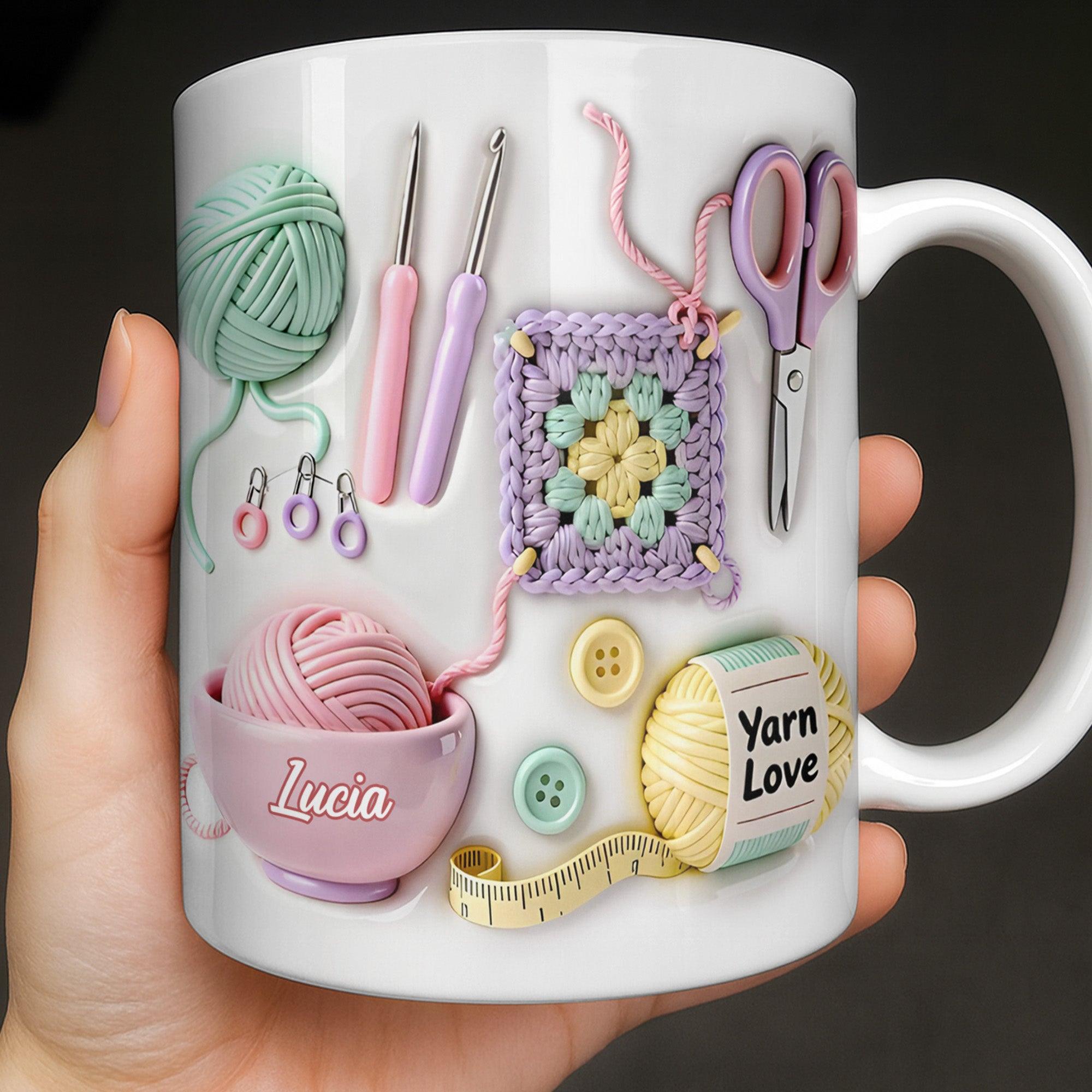 Personalized Yarn Love Crochet Mug, Custom Name Granny Square Coffee Cup, Mother's Day Gift, 3D Inflated Effect Print 2D Ceramic Mug, Unique Gift For Crafter Nana 2