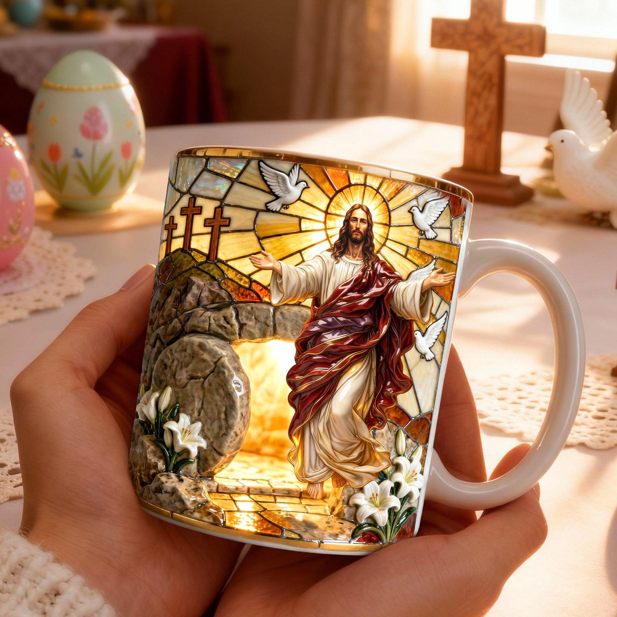 He Is Risen Jesus Resurrection Ceramic Mug, Stained Glass Aesthetic Christian Coffee Cup, Easter Morning Religious Gift, Inspirational Christ Tomb & Lilies Mug, Sacred Heart Faith Based Drinkware, Holy Week Commemorative Cup 4