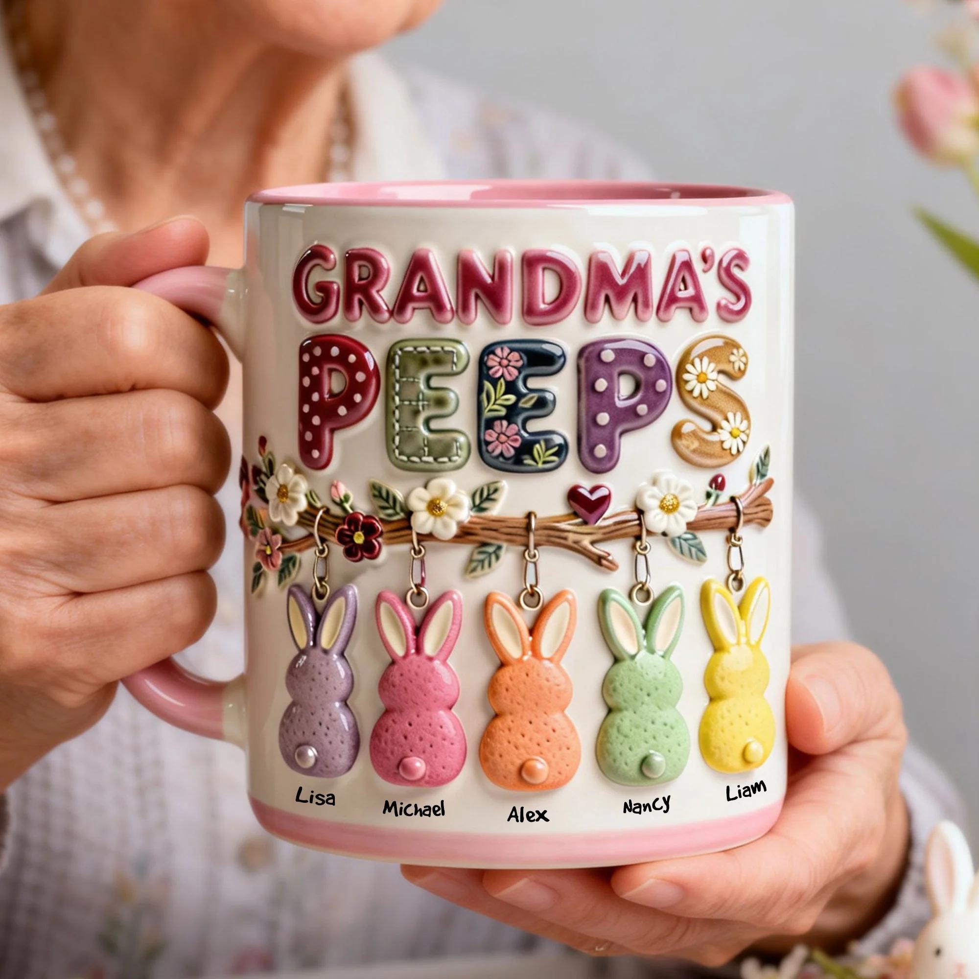 Personalized Grandma's Peeps Ceramic Mug, Custom Grandkids Name Easter Bunny Cup, Floral Aesthetic Coffee Mug, Mother’s Day Gift for Nana, Spring Theme Family Drinkware, Cute Bunny Peeps Mug with Names, Heartwarming Grand 2