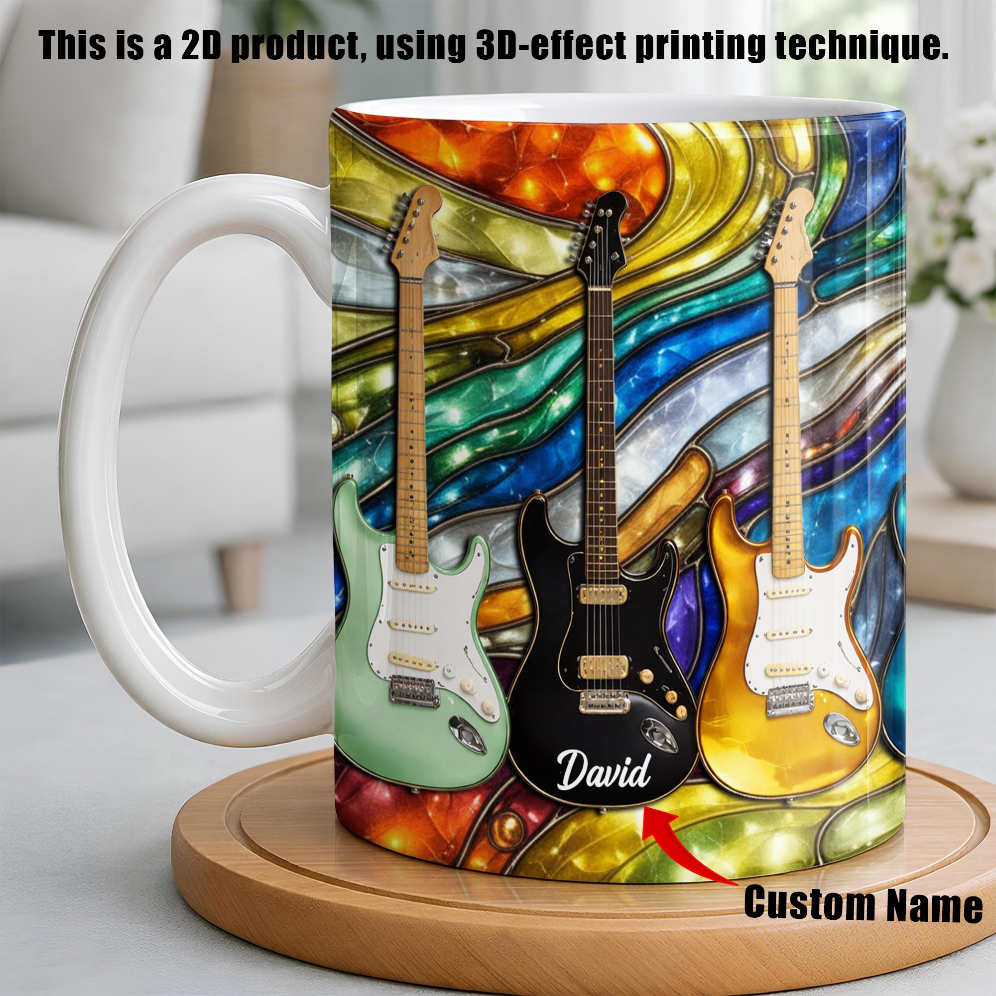 Personalized Stained Glass Guitar Mug, Custom Name Coffee Cup, Musician Birthday Gift, 3D Inflated Effect Print 2D Ceramic Mug, Choice Of Color, Gift For Dad Brother Guitarist 2