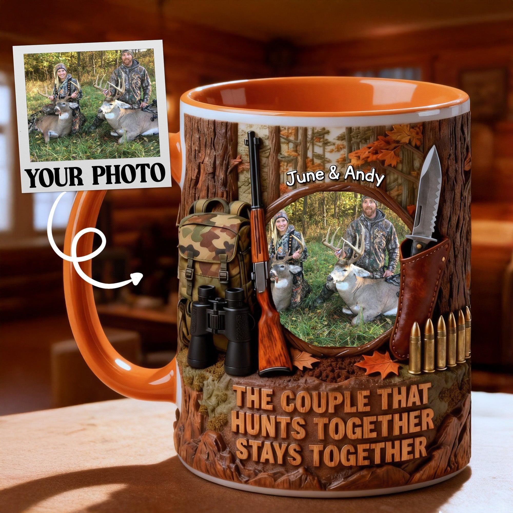 Personalized Hunting Couple Custom Photo Mug, Custom Name Husband and Wife Outdoor Cup, The Couple That Hunts Together Stays Together, Whimsical Camo Hunting Gear Mug 3