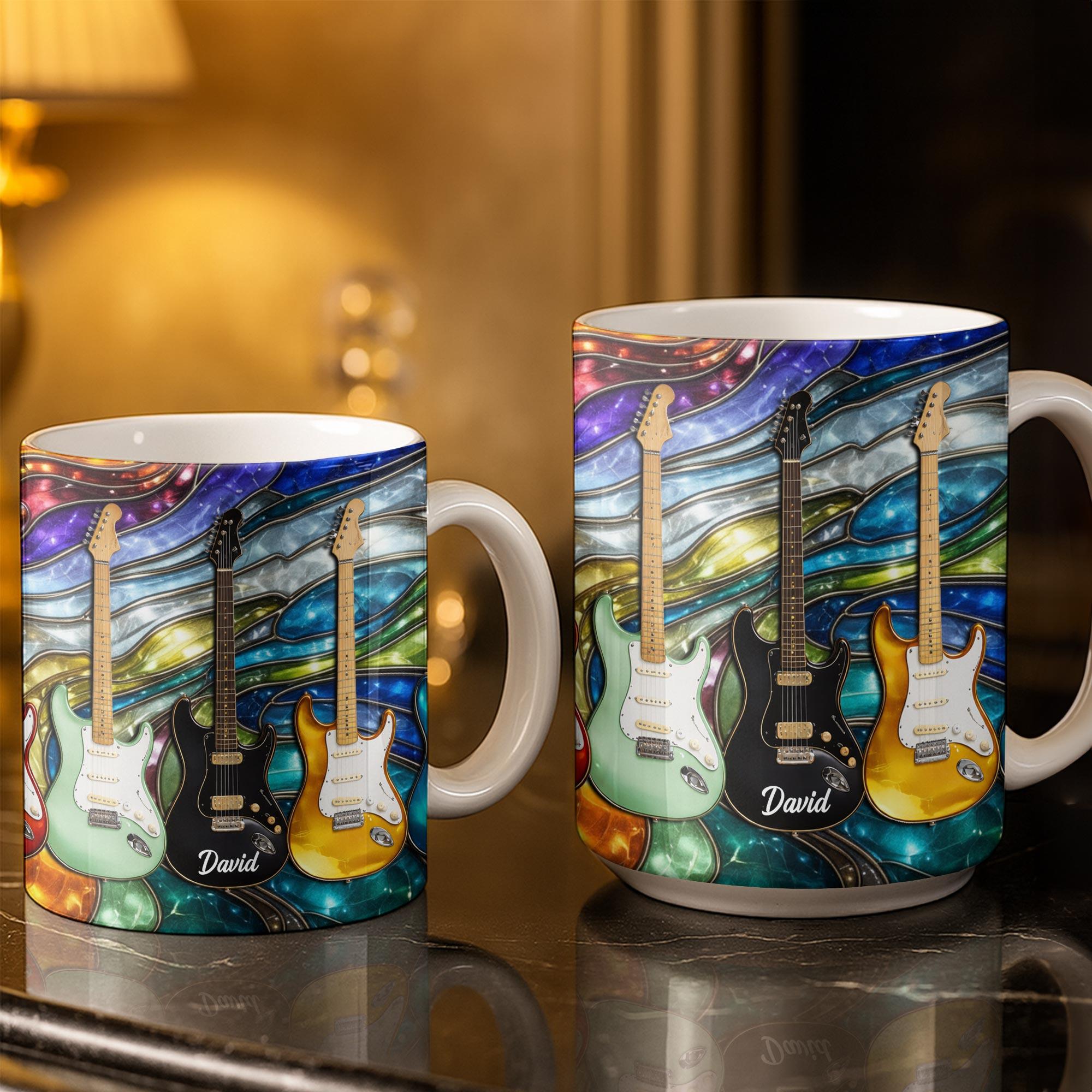 Personalized Stained Glass Guitar Mug, Custom Name Coffee Cup, Musician Birthday Gift, 3D Inflated Effect Print 2D Ceramic Mug, Choice Of Color, Gift For Dad Brother Guitarist