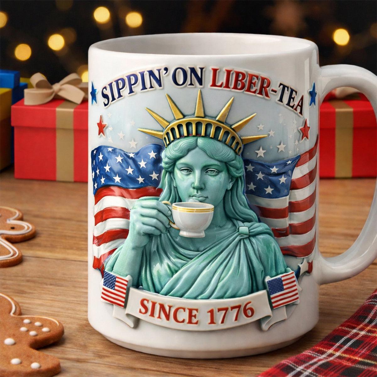 Personalized Sippin' On Liber-Tea Statue Of Liberty Mug, Custom Name Patriotic Coffee Cup, 1776 American Flag, 250th USA, 3D Inflated Effect Print 2D Mug 4