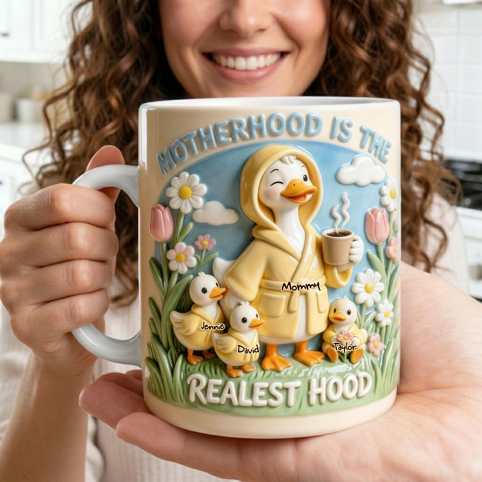 Personalized Motherhood Is The Realest Hood Mug, Custom Kids Names Ducklings Coffee Cup, Mother's Day Gift, 3D Inflated Effect Print 2D Ceramic Mug, Unique Mom Gift 4