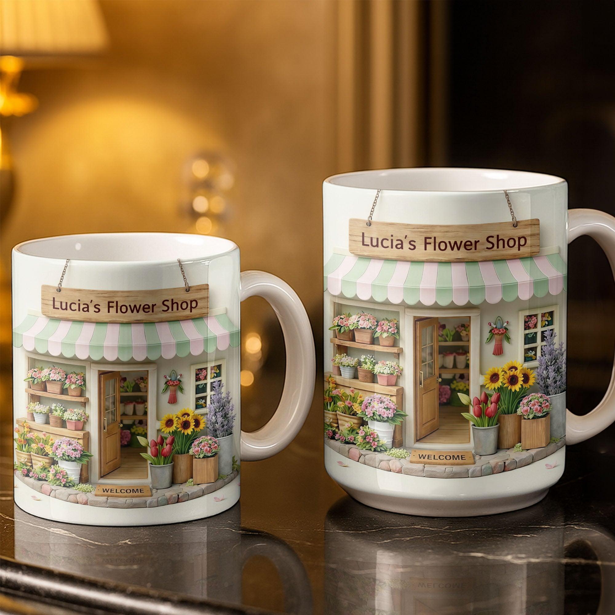 [Flash Deals] BojjiArtist Personalized Flower Shop 3D Effect Coffee Mug – Custom Name Florist Gift, Miniature Garden Boutique Illustration Cup, Plant Lover Appreciation Present 3