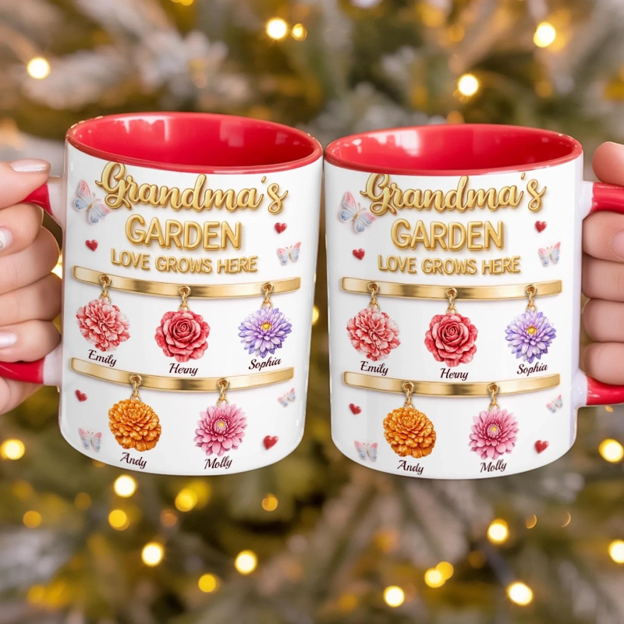 Personalized Grandma's Garden Mug, Custom Name Flower Cup, Mother's Day Gift, 3D Inflated Effect Print 2D Ceramic Mug, Love Grows Here, Unique Gift For Nana Gigi 3
