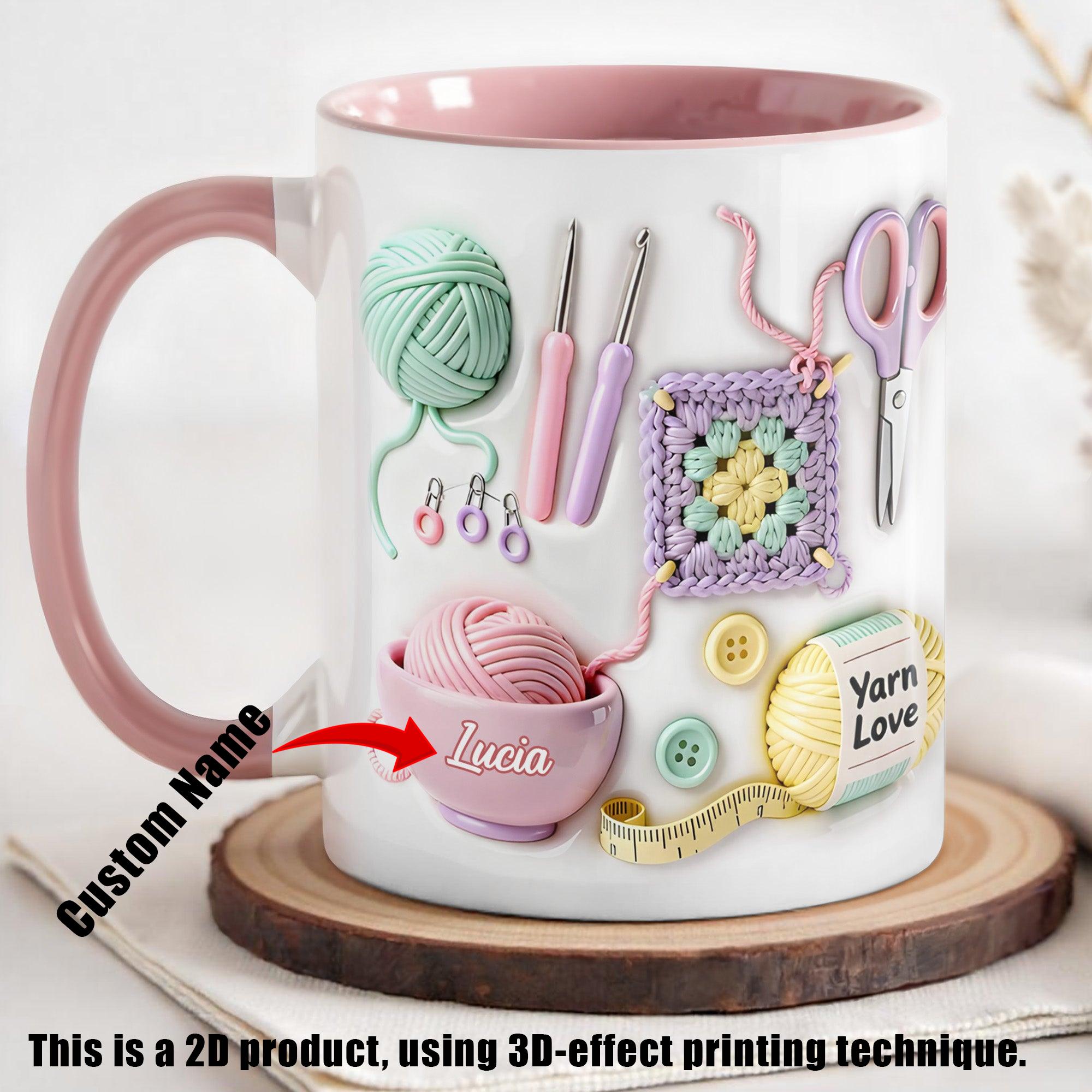Personalized Crochet Lover Mug, Custom Name Yarn Bowl Style Cup, Mother's Day Gift For Crocheter, 3D Inflated Effect Print 2D Ceramic Mug, Choice Of Color, Granny Square Art, Gift For Grandma Nana Mom 2