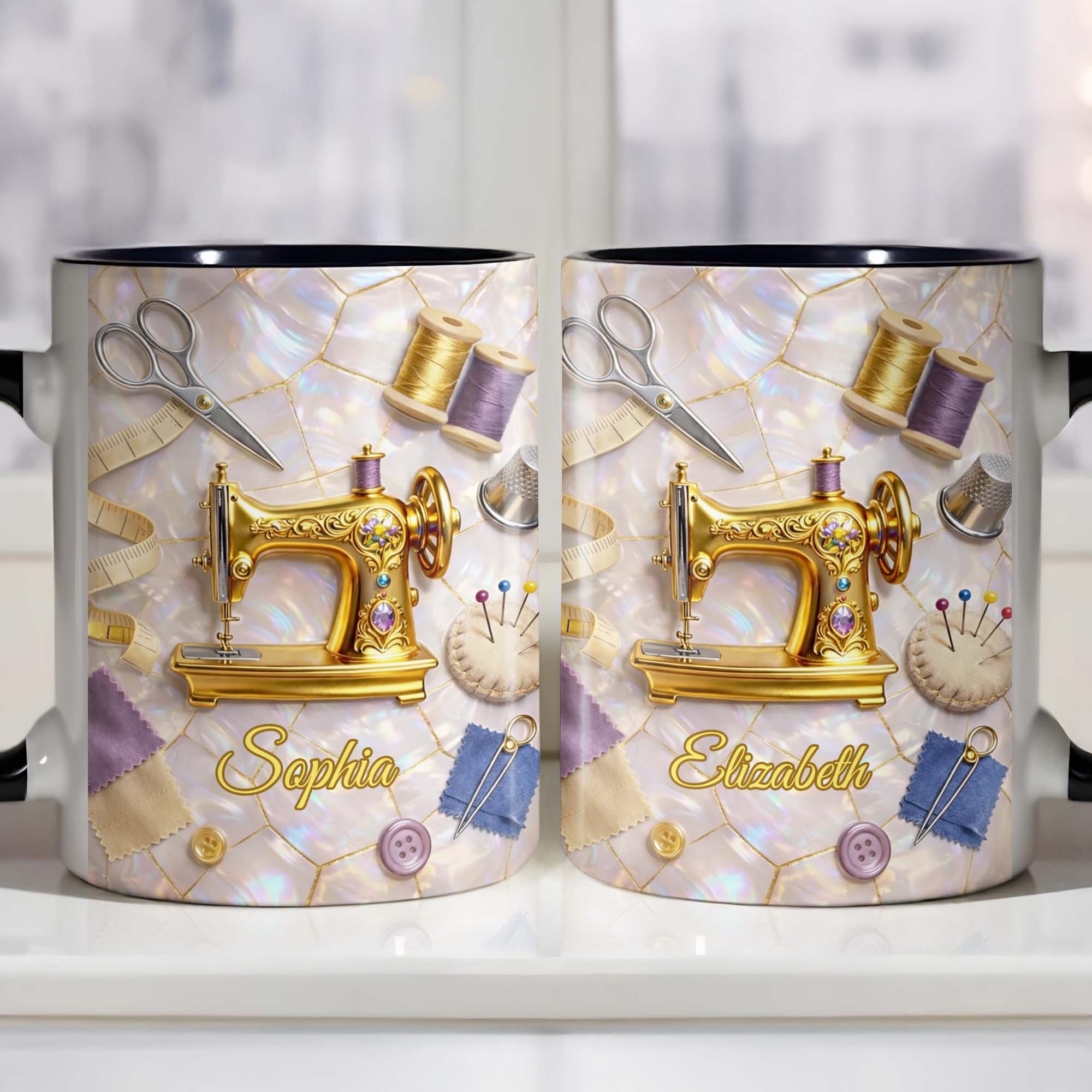 [Flash Deals] BojjiArtist Personalized Vintage Sewing Machine Coffee Mug – Custom Name Seamstress Gift, Iridescent Mother of Pearl Mosaic Cup, 3D Effect Golden Sewing Machine Illustration 4