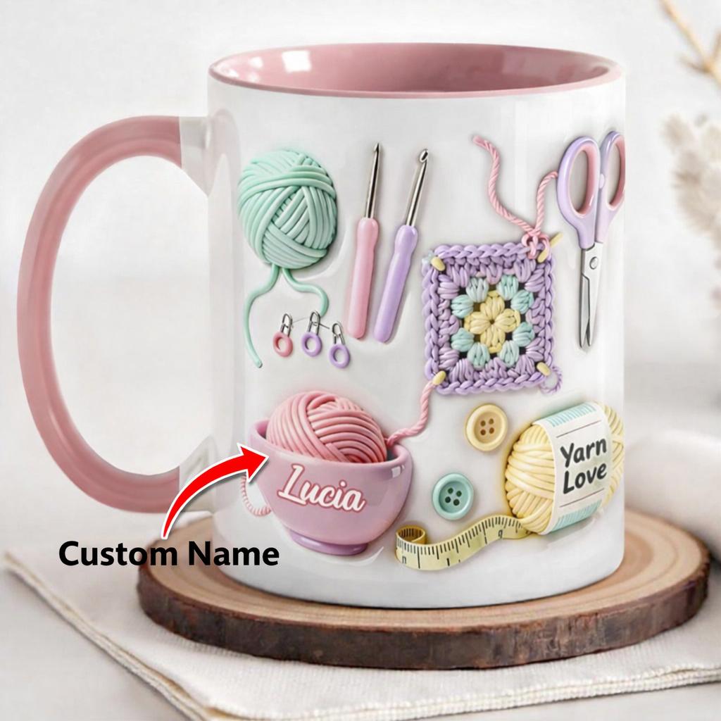 Personalized 2D Effect Crochet Coffee Mug, Custom Name Yarn Lover Ceramic Cup, Pastel Knitting Supplies Aesthetic Gift, Hobbyist Maker Crafting Mug 2