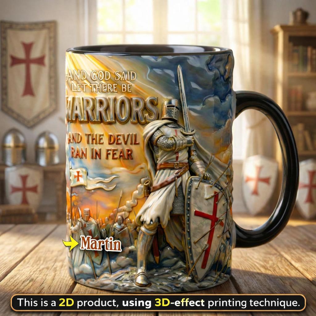 Personalized God Said Let There Be Warriors Knight Mug, Custom Name Templar Warrior Coffee Cup, Unique Religious Gift for Him, Traditional Christian Knight Shell, Rugged Faith Based Drinkware 2