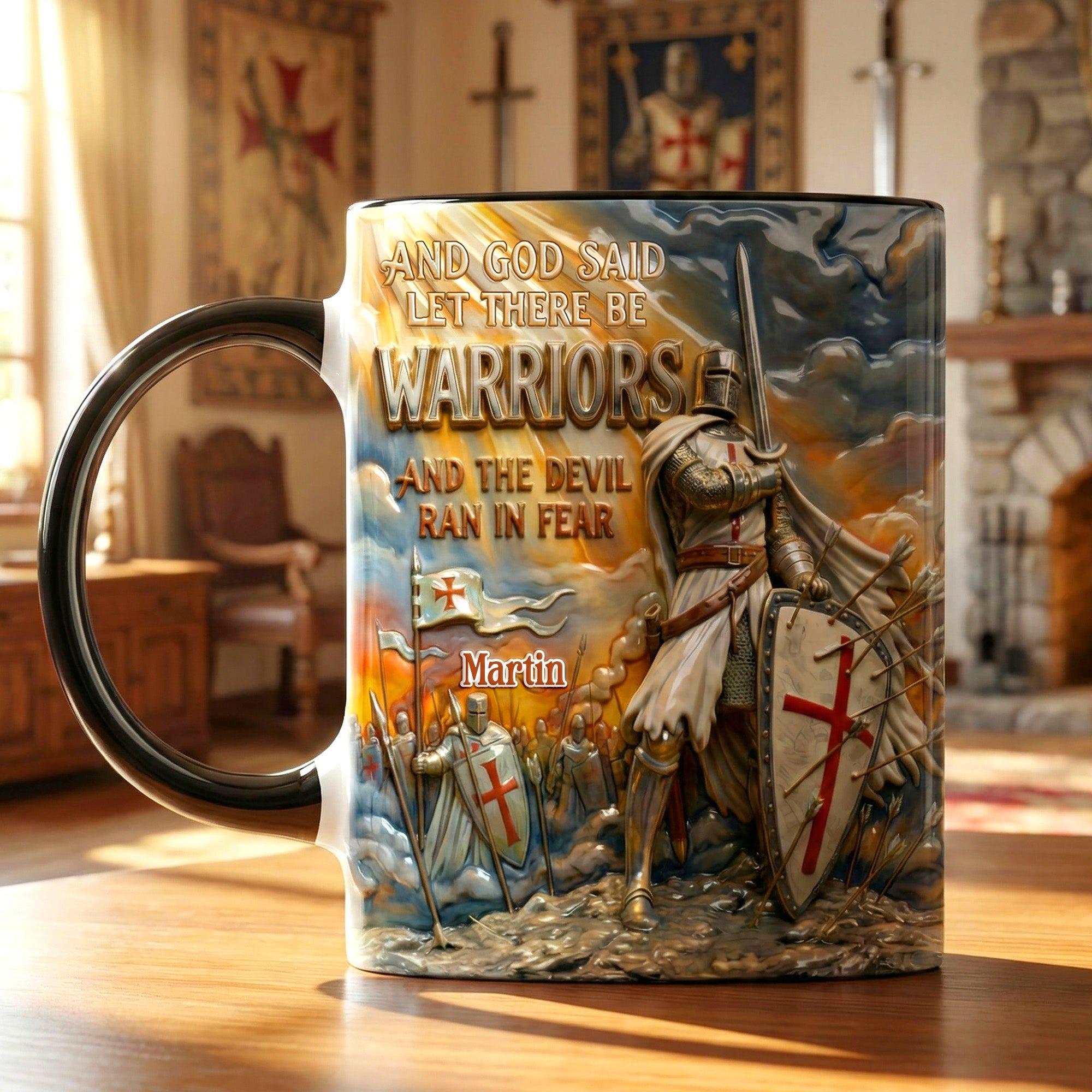 Personalized God Said Let There Be Warriors Knight Mug, Custom Name Templar Warrior Coffee Cup, Unique Religious Gift for Him, Traditional Christian Knight Shell, Rugged Faith Based Drinkware 4