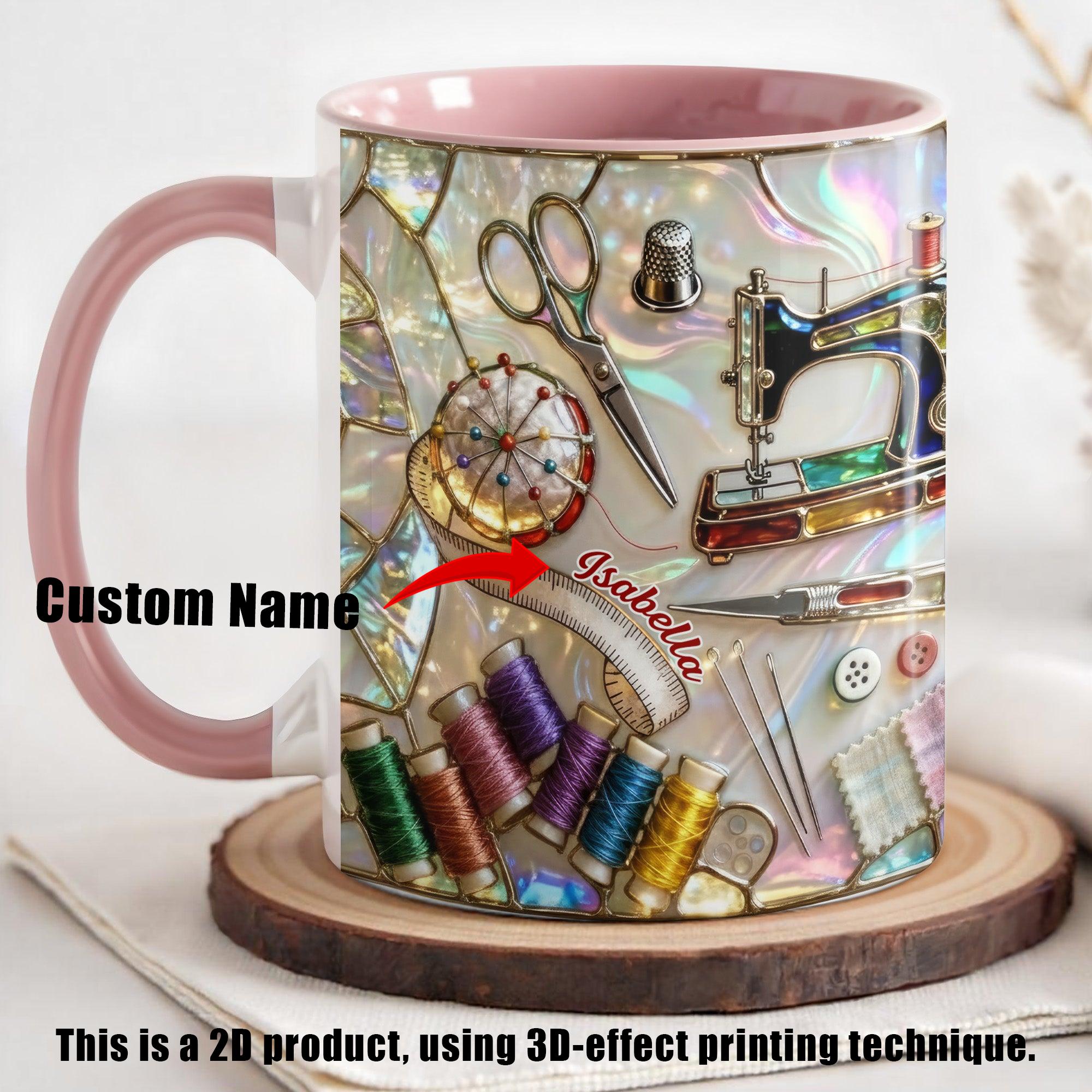Personalized Abalone Shell Sewing Machine Stained Glass Mug, Custom Name Coffee Cup, Mother's Day Gift For Sewer, 3D Inflated Effect Print 2D Ceramic Mug, Iridescent Choice Of Color, Gift For Grandma Nana Mom 2