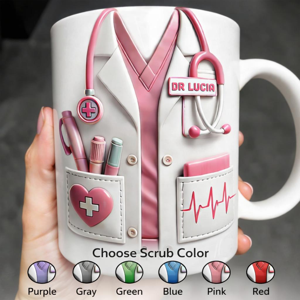 Personalized 3D Effect Doctor Coffee Mug, Custom Name Medical Scrub Ceramic Cup, Graduation Present, Healthcare Worker Aesthetic Drinkware 2