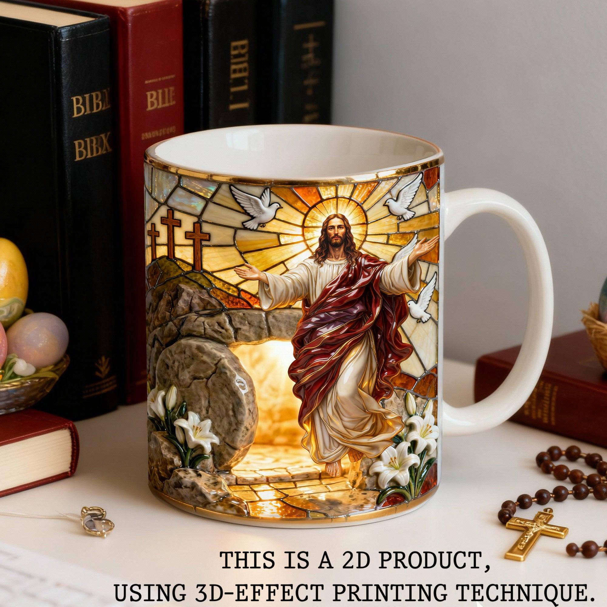 He Is Risen Jesus Resurrection Ceramic Mug, Stained Glass Aesthetic Christian Coffee Cup, Easter Morning Religious Gift, Inspirational Christ Tomb & Lilies Mug, Sacred Heart Faith Based Drinkware, Holy Week Commemorative Cup 2