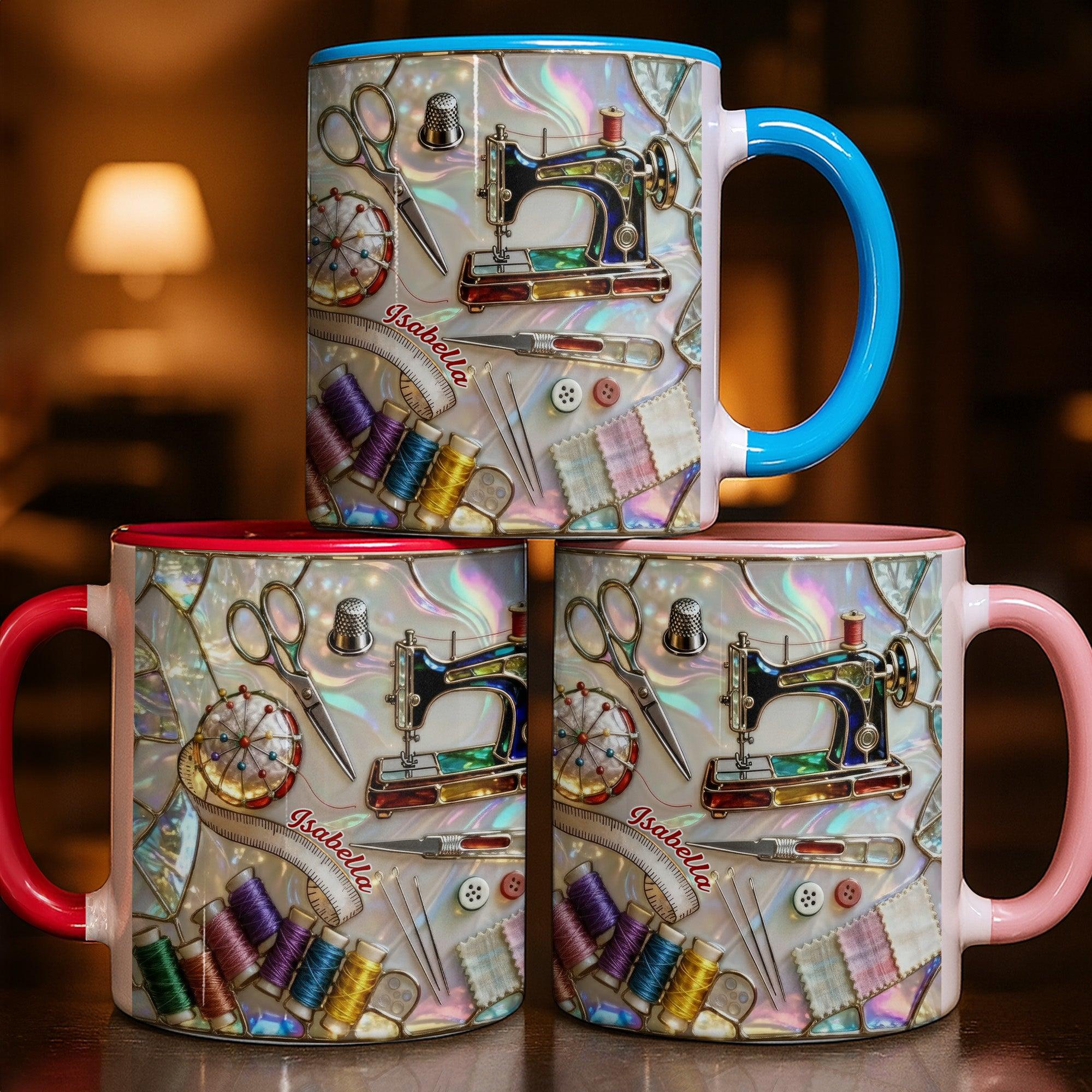 Personalized Abalone Shell Sewing Machine Stained Glass Mug, Custom Name Coffee Cup, Mother's Day Gift For Sewer, 3D Inflated Effect Print 2D Ceramic Mug, Iridescent Choice Of Color, Gift For Grandma Nana Mom 3