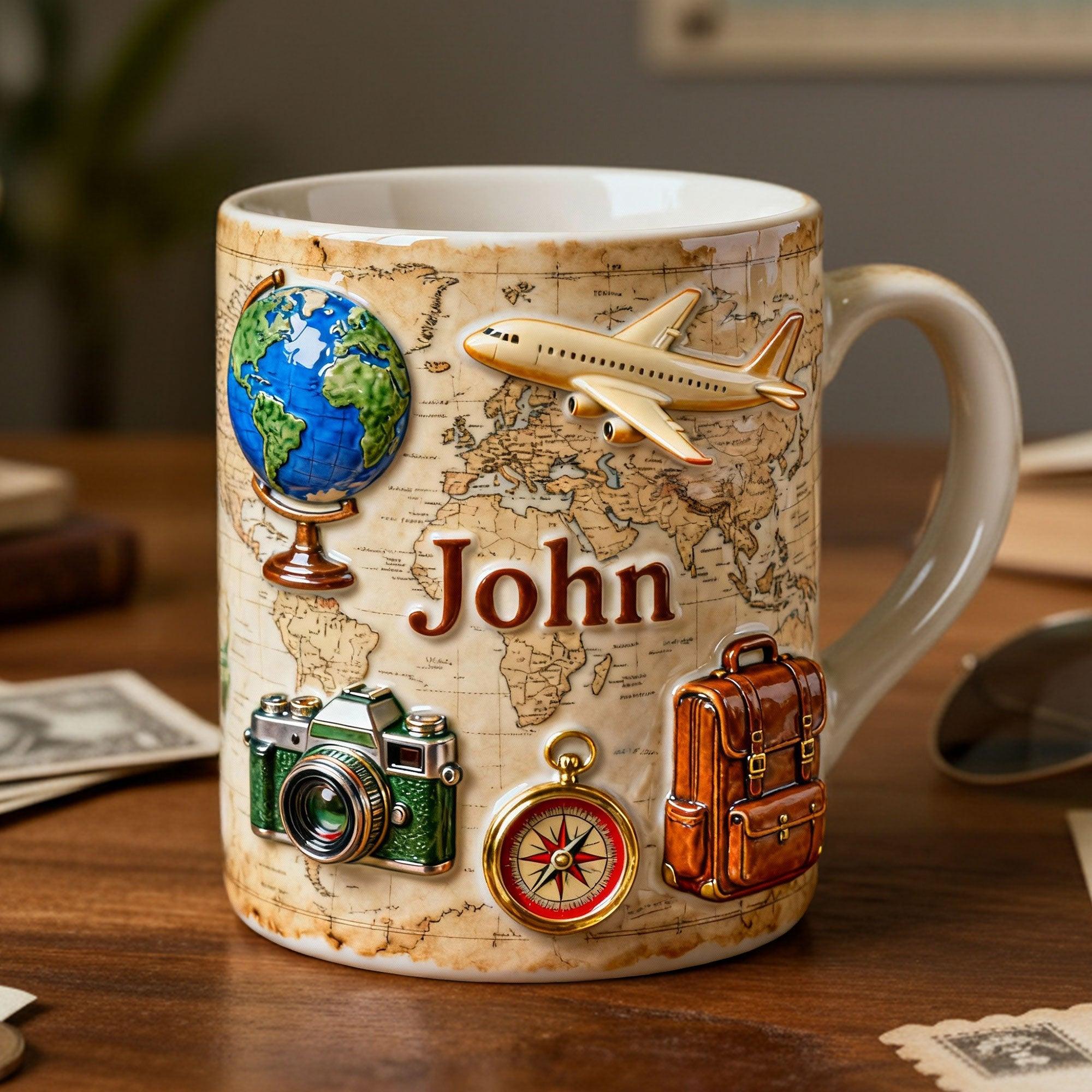 Personalized World Map Adventure Mug, Custom Name Travel Coffee Cup, Vintage Map Aesthetic Mug, Wanderlust Gift for Him, Retro Camera & Globe Travelcore Drinkware, Explorer Themed Office Mug, Personalized Graduation Gift 2