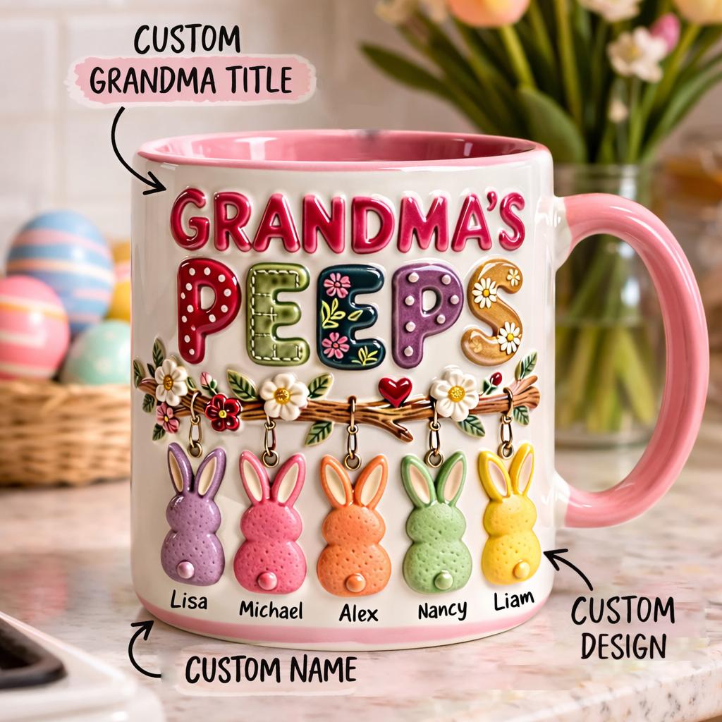 Personalized Grandma's Peeps Ceramic Mug, Custom Grandkids Name Easter Bunny Cup, Floral Aesthetic Coffee Mug, Mother’s Day Gift for Nana, Spring Theme Family Drinkware, Cute Bunny Peeps Mug with Names, Heartwarming Grand 3