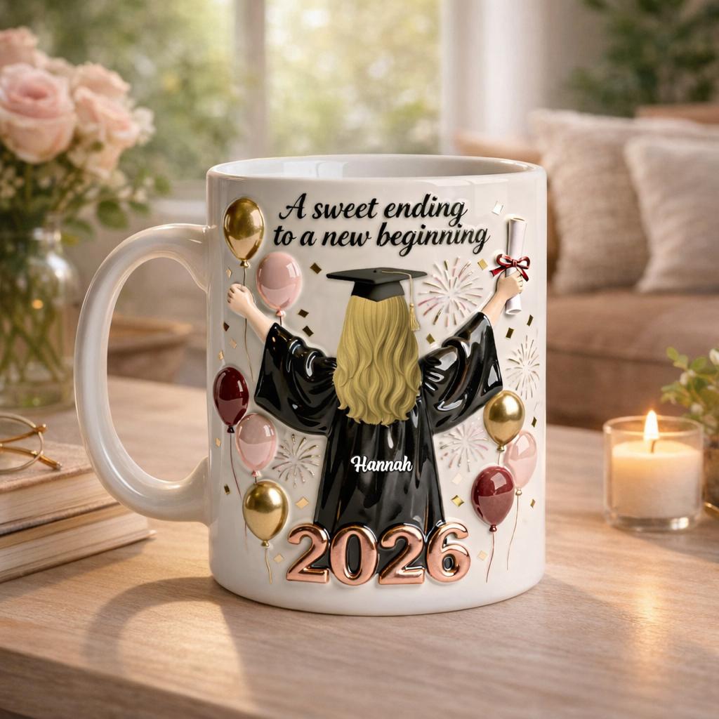 Personalized Graduation 2026 Gift Mug, Custom Name Class of 2026 Senior Coffee Cup, Aesthetic Sweet Ending New Beginning Graduate Shell, Whimsical Rose Gold Graduation Keepsake