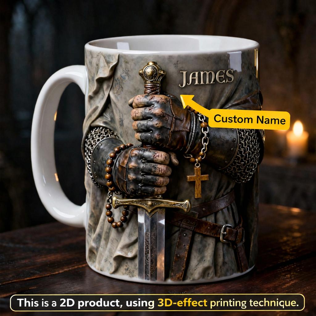 Personalized Christian Knight Warrior Mug, Spiritual Warfare Rosary Armor Drinkware, Courageous Knight Templar Style Mug, Rugged Faith-Based Man Cave Accessory 2