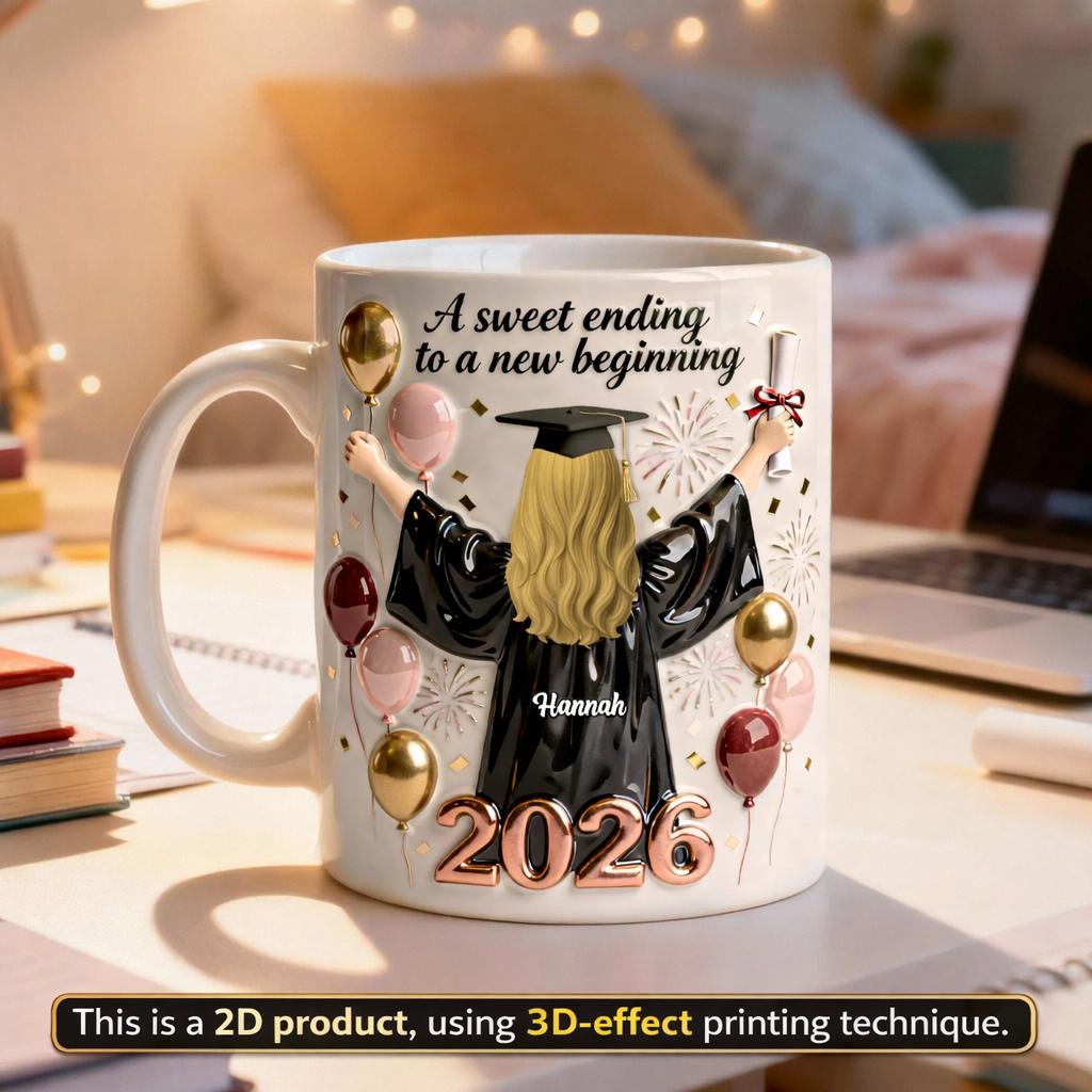 Personalized Graduation 2026 Gift Mug, Custom Name Class of 2026 Senior Coffee Cup, Aesthetic Sweet Ending New Beginning Graduate Shell, Whimsical Rose Gold Graduation Keepsake 2