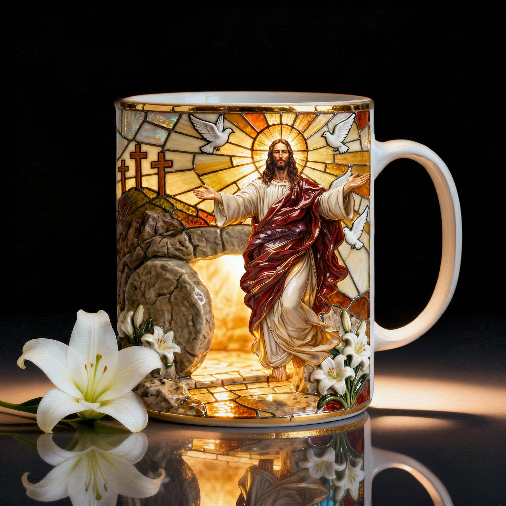 He Is Risen Jesus Resurrection Ceramic Mug, Stained Glass Aesthetic Christian Coffee Cup, Easter Morning Religious Gift, Inspirational Christ Tomb & Lilies Mug, Sacred Heart Faith Based Drinkware, Holy Week Commemorative Cup 3