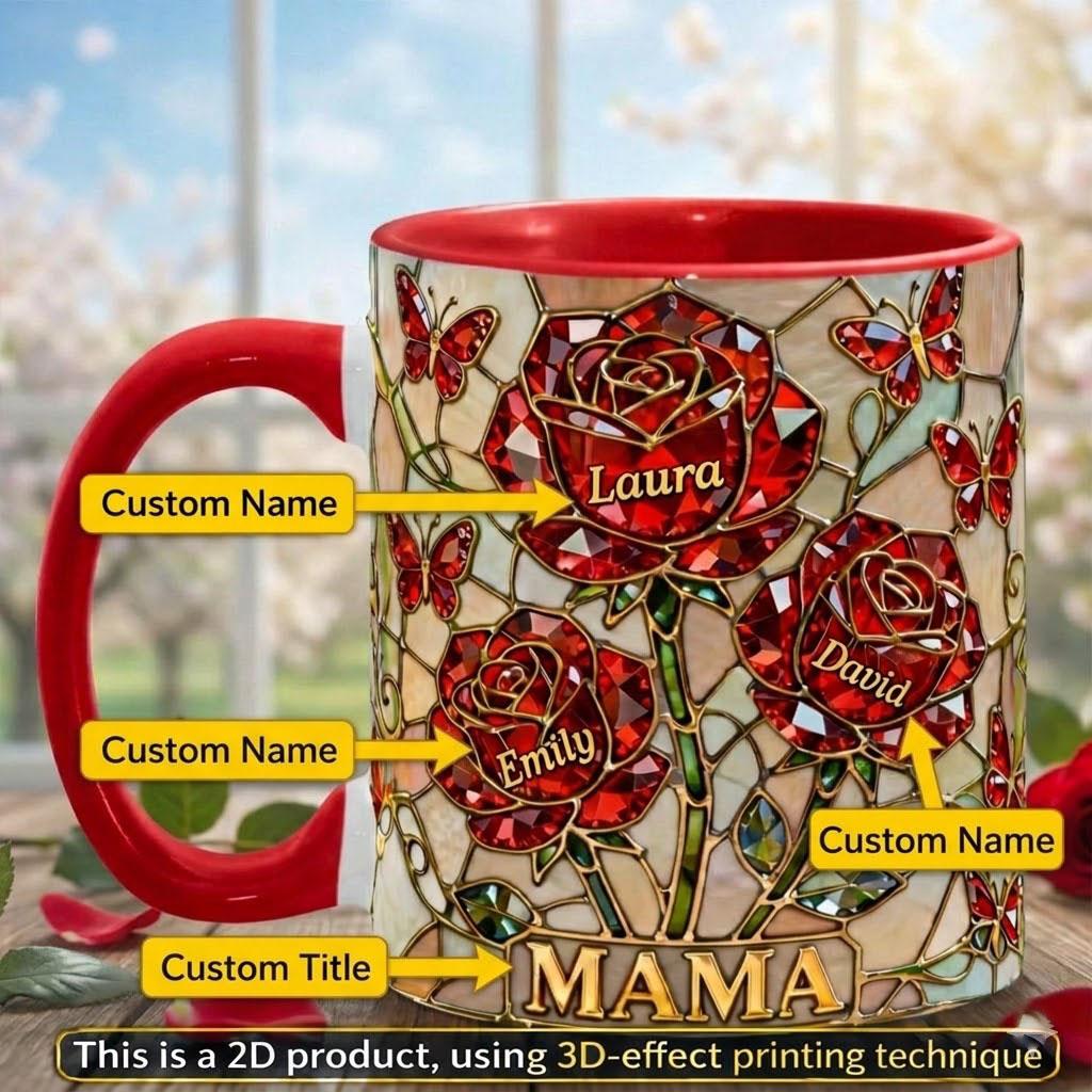 Personalized Mama Stained Glass Rose Mug, Custom Children Names Family Gift, Mother's Day Keepsake Mug, Luxurious Butterfly Rose Drinkware, Red Rose Personalized Coffee Cup 2
