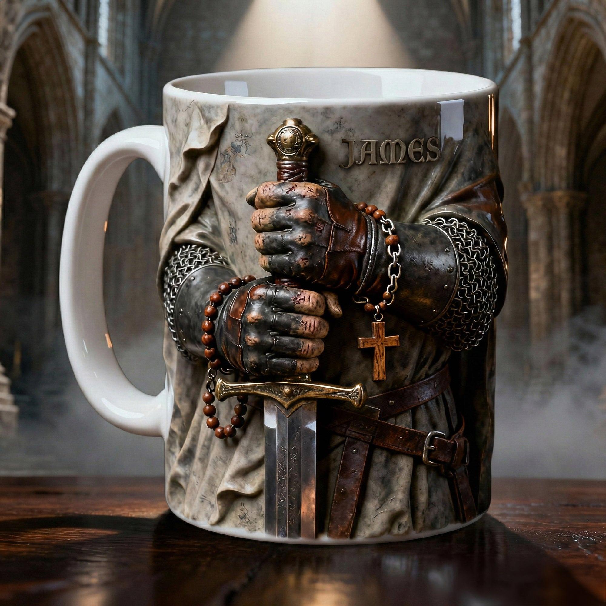 Personalized Christian Knight Warrior Mug, Spiritual Warfare Rosary Armor Drinkware, Courageous Knight Templar Style Mug, Rugged Faith-Based Man Cave Accessory 4