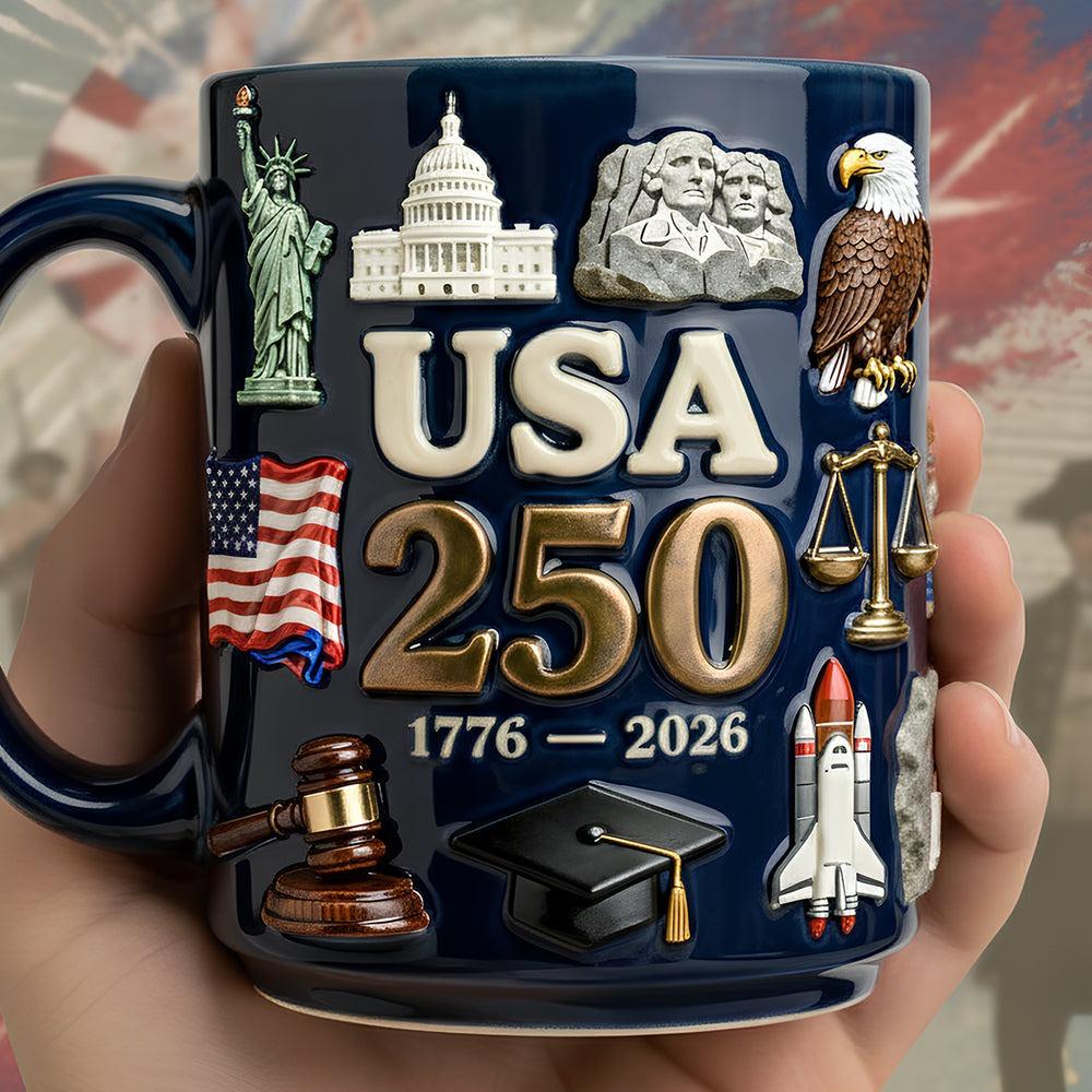 USA 250th Anniversary Commemorative Mug, 1776-2026 Semiquincentennial Coffee Cup, Patriotic America 250 Ceramic Drinkware, Historical Landmarks Relief Style Mug, Proud American Heritage Gift, 4th of July Celebration Cup 3