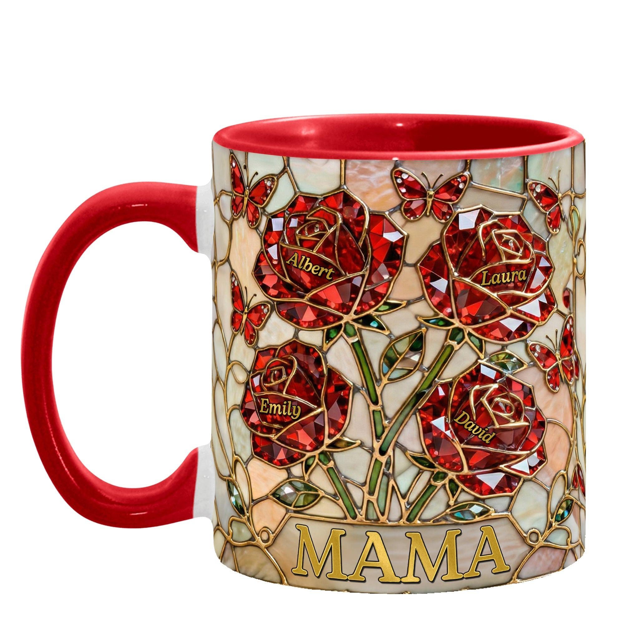 Personalized Mama Stained Glass Rose Mug, Custom Children Names Family Gift, Mother's Day Keepsake Mug, Luxurious Butterfly Rose Drinkware, Red Rose Personalized Coffee Cup 4