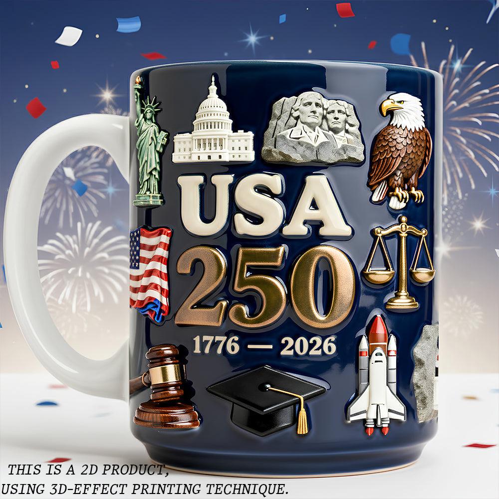 USA 250th Anniversary Commemorative Mug, 1776-2026 Semiquincentennial Coffee Cup, Patriotic America 250 Ceramic Drinkware, Historical Landmarks Relief Style Mug, Proud American Heritage Gift, 4th of July Celebration Cup 2