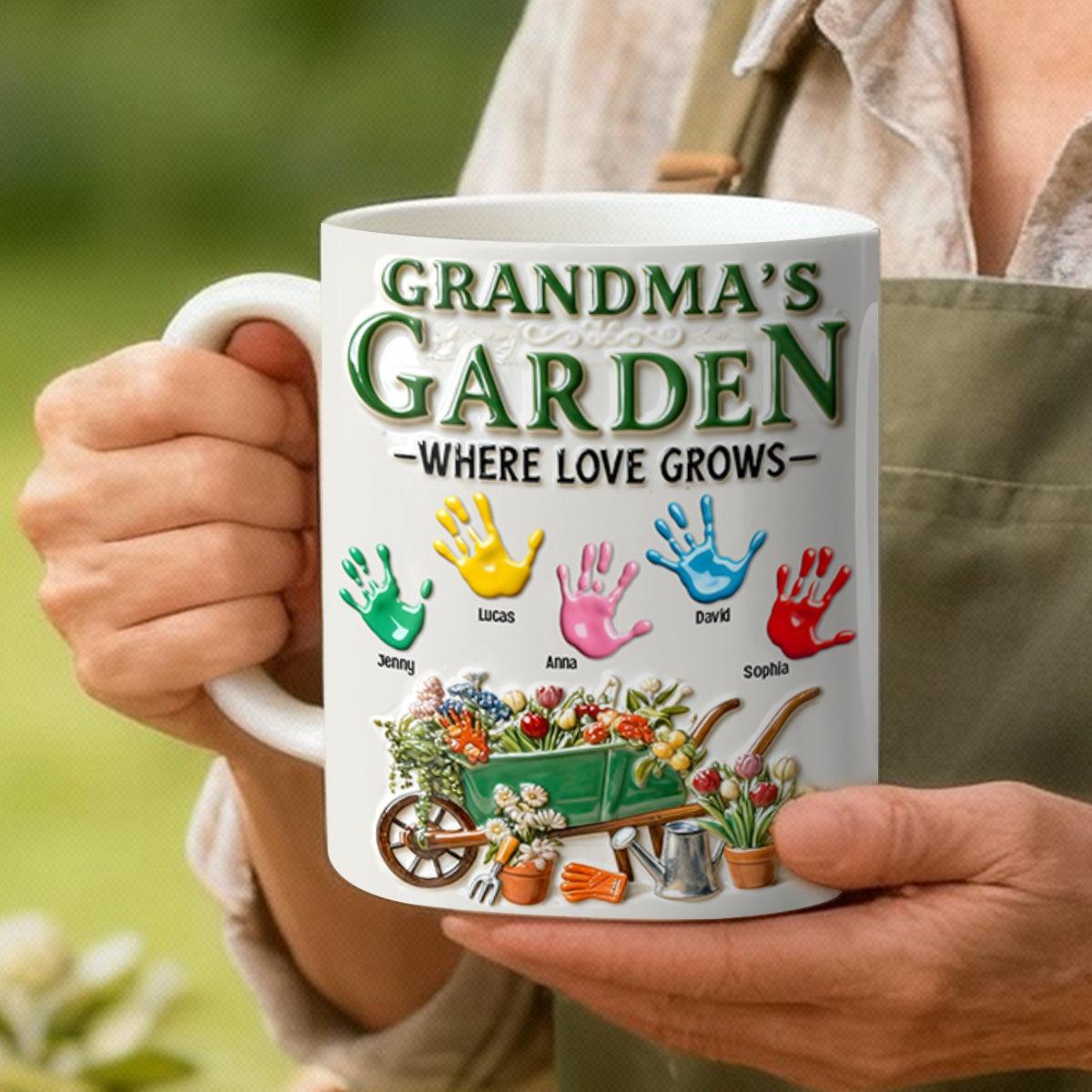 Personalized Grandma's Garden Handprint Mug, Custom Grandchildren Name Coffee Cup, Whimsical Floral Garden Gift for Nana, Mother's Day Keepsake Mug, Where Love Grows Custom Family Cup 4