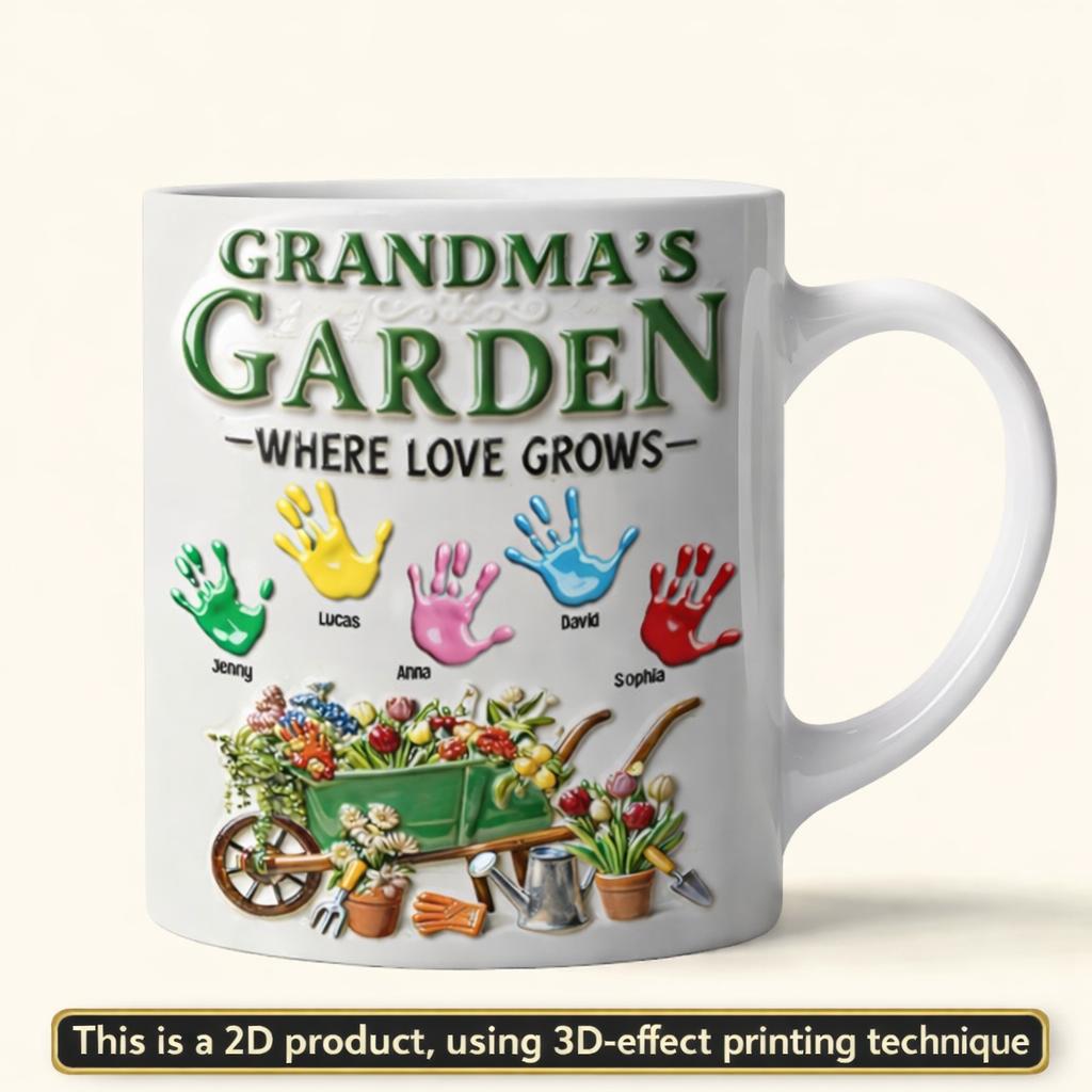 Personalized Grandma's Garden Handprint Mug, Custom Grandchildren Name Coffee Cup, Whimsical Floral Garden Gift for Nana, Mother's Day Keepsake Mug, Where Love Grows Custom Family Cup 2