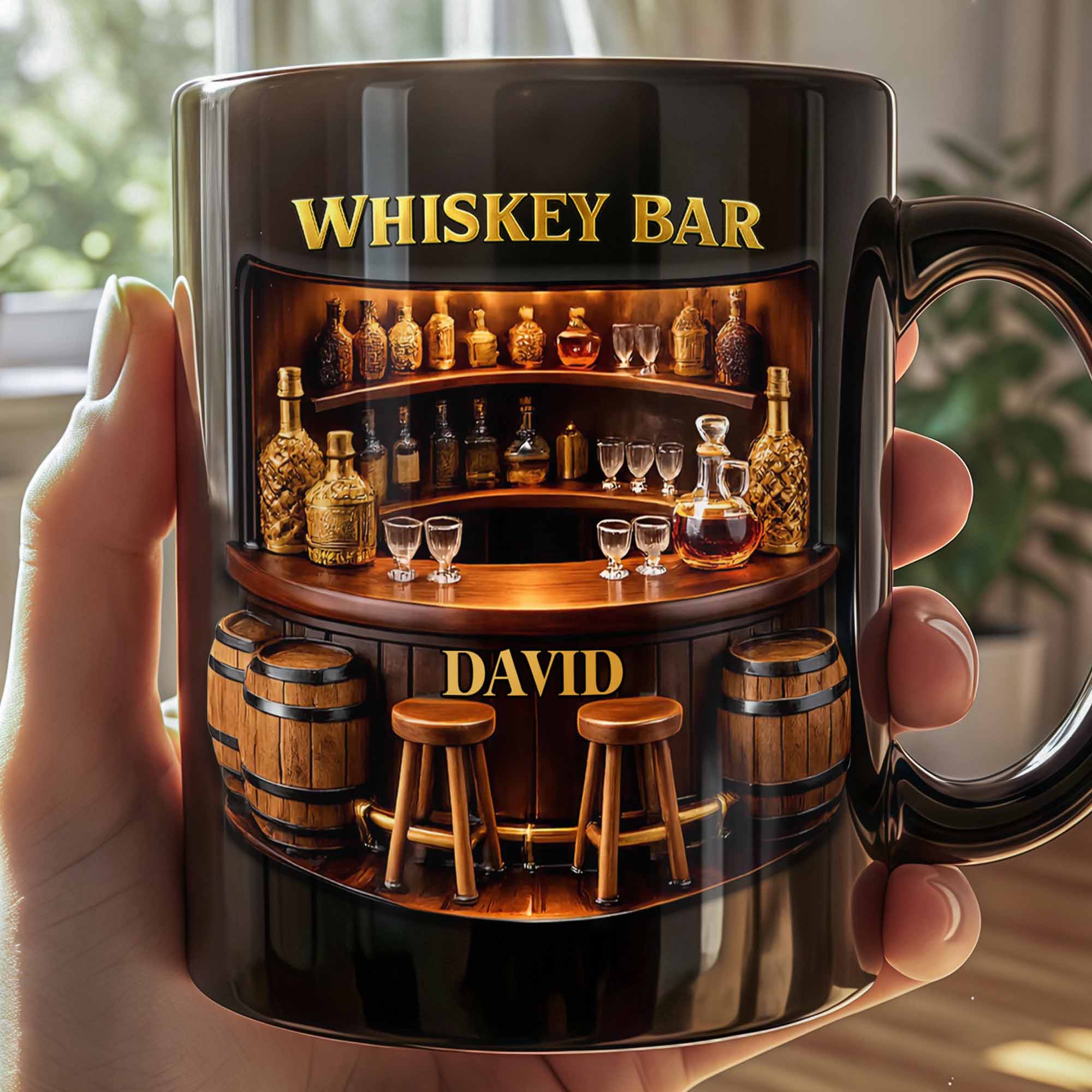 [Flash Deals] BojjiArtist Personalized Whiskey Bar 3D Effect Coffee Mug – Custom Name Bourbon Lover Gift, Miniature Tavern Bar Scene Cup, Masculine Speakeasy Aesthetic Mug 3
