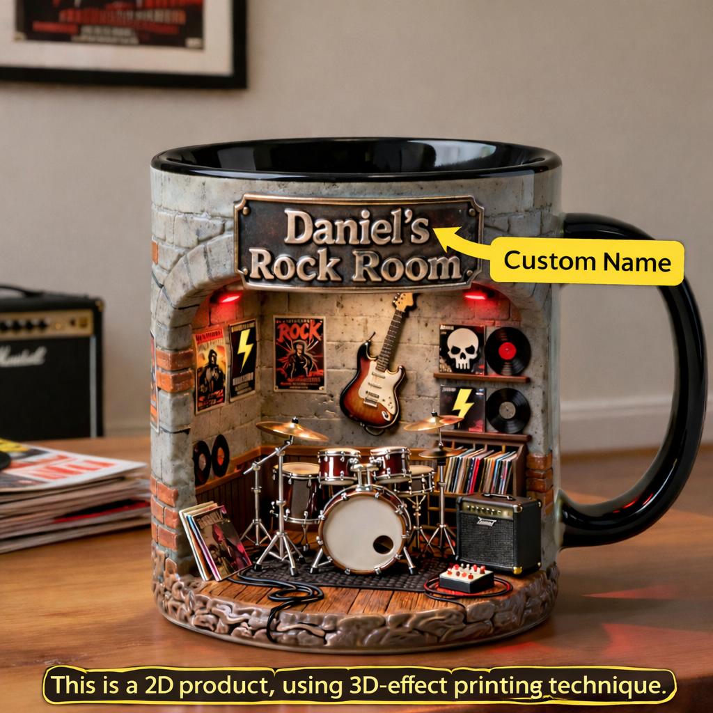 Personalized Rock Music Studio Diorama Mug, Custom Name Drummer and Guitarist Gift, Rock and Roll Band Room Coffee Cup, Unique Musical Instrument Art Gift, Whimsical Man Cave Accessory 2