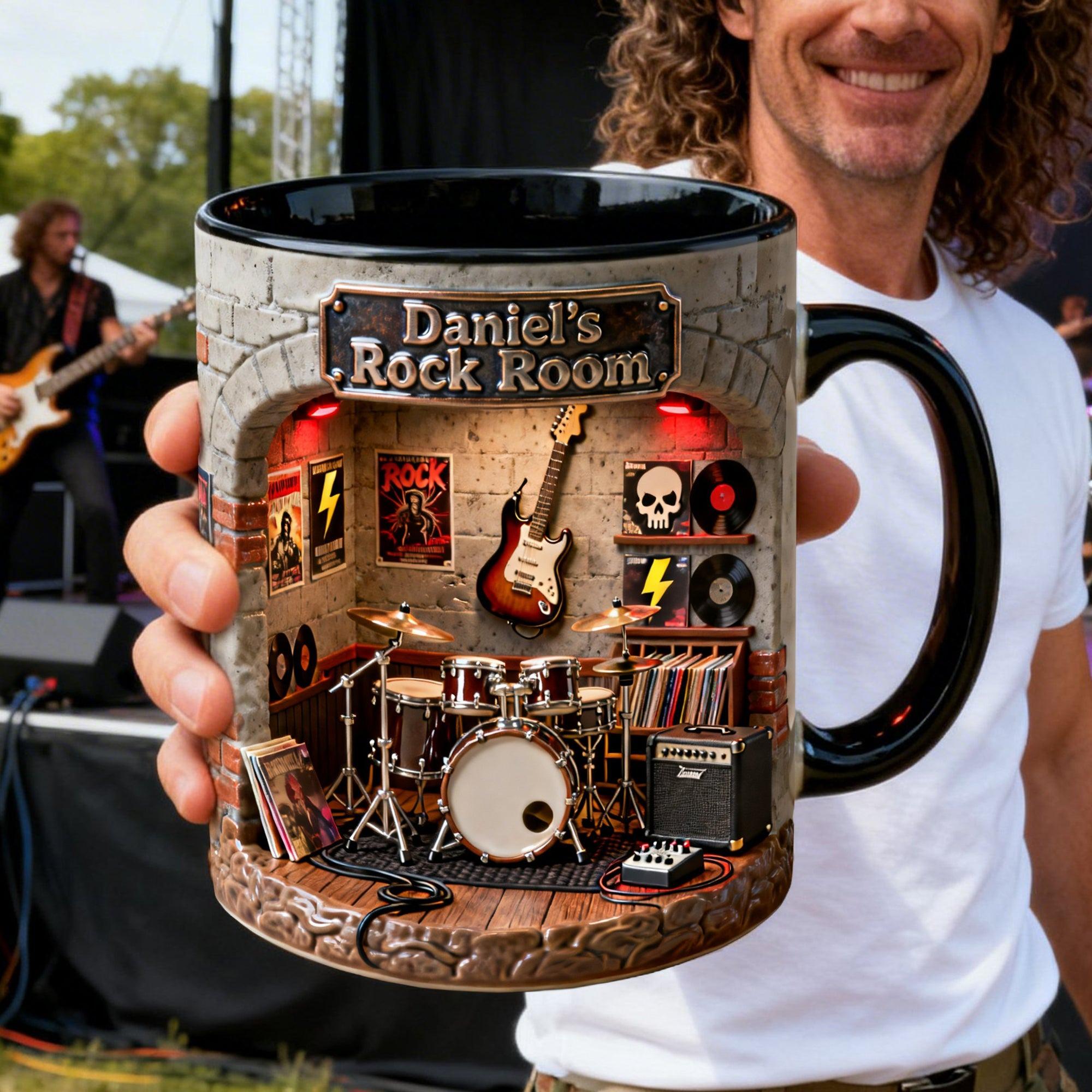 Personalized Rock Music Studio Diorama Mug, Custom Name Drummer and Guitarist Gift, Rock and Roll Band Room Coffee Cup, Unique Musical Instrument Art Gift, Whimsical Man Cave Accessory 4