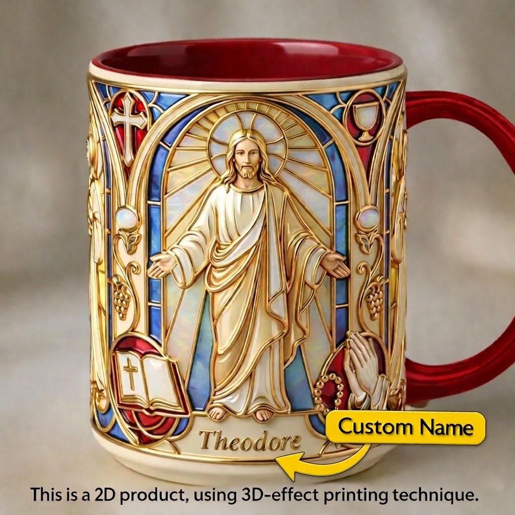 Personalized Jesus Stained Glass Ornate Mug, Custom Name Christian Faith Gift, Church Community Keepsake, Theodore Custom Religious Cup 2