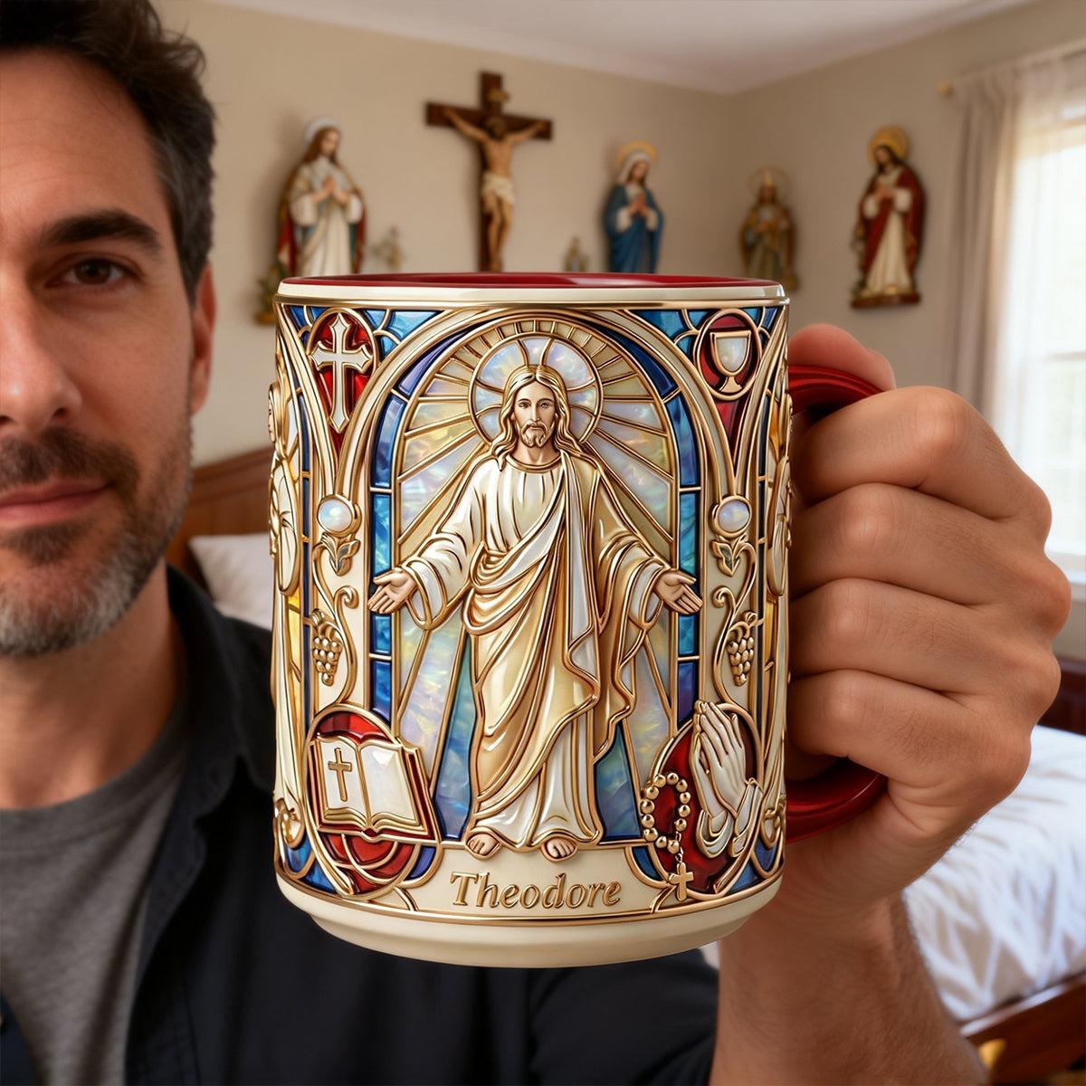 Personalized Jesus Stained Glass Ornate Mug, Custom Name Christian Faith Gift, Church Community Keepsake, Theodore Custom Religious Cup 4