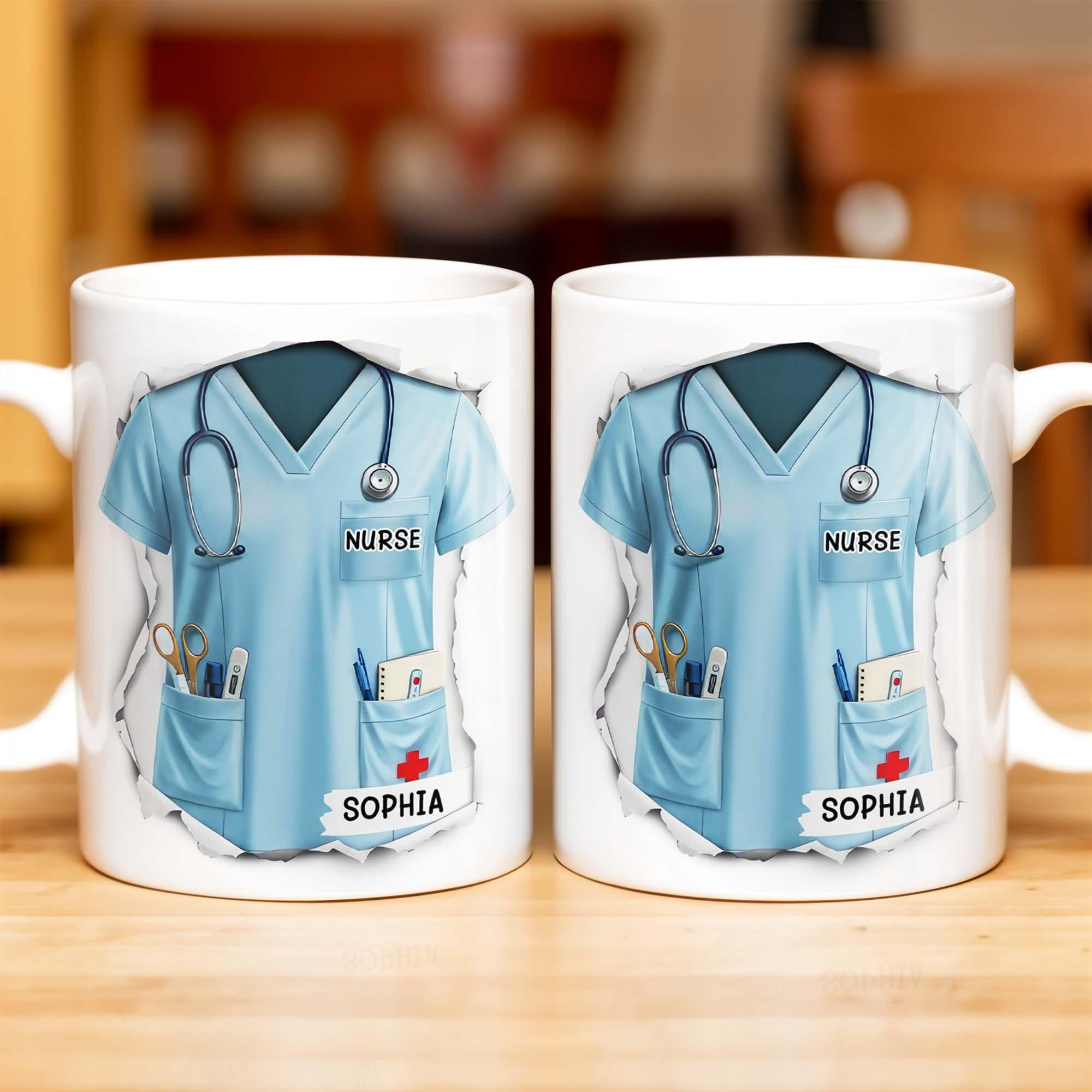 Personalized 3D Graphic Effect Nurse Coffee Mug, Custom Name Light Blue Scrubs Ceramic Cup, Nursing Student Graduation Present