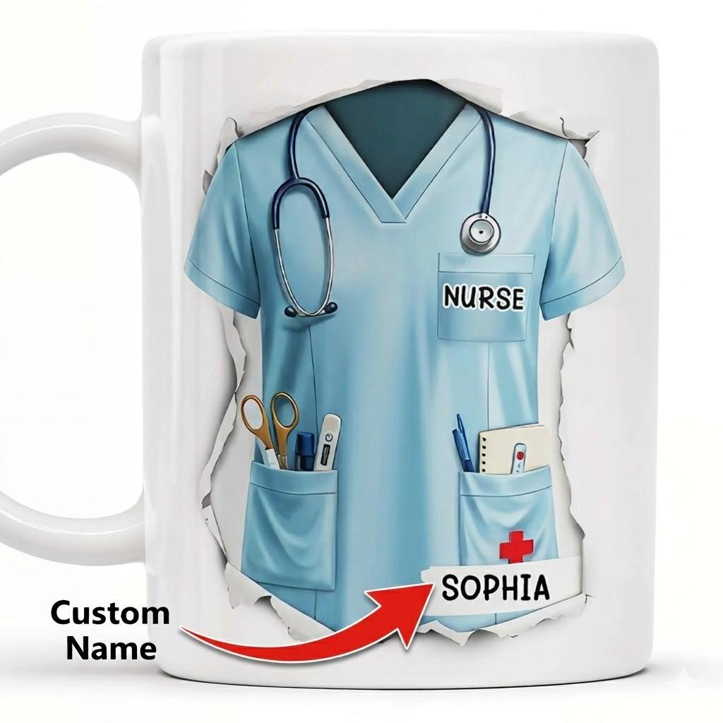 Personalized 3D Graphic Effect Nurse Coffee Mug, Custom Name Light Blue Scrubs Ceramic Cup, Nursing Student Graduation Present 2
