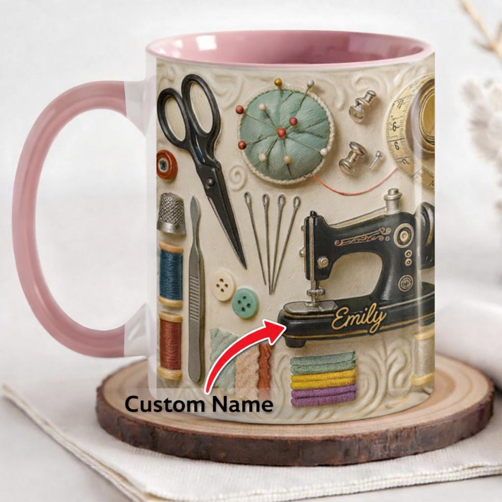 Personalized 3D Effect Sewing Coffee Mug, Custom Name Quilter Ceramic Cup, Seamstress Hobbyist Maker Mug, Pink Accented Tailor Present 2