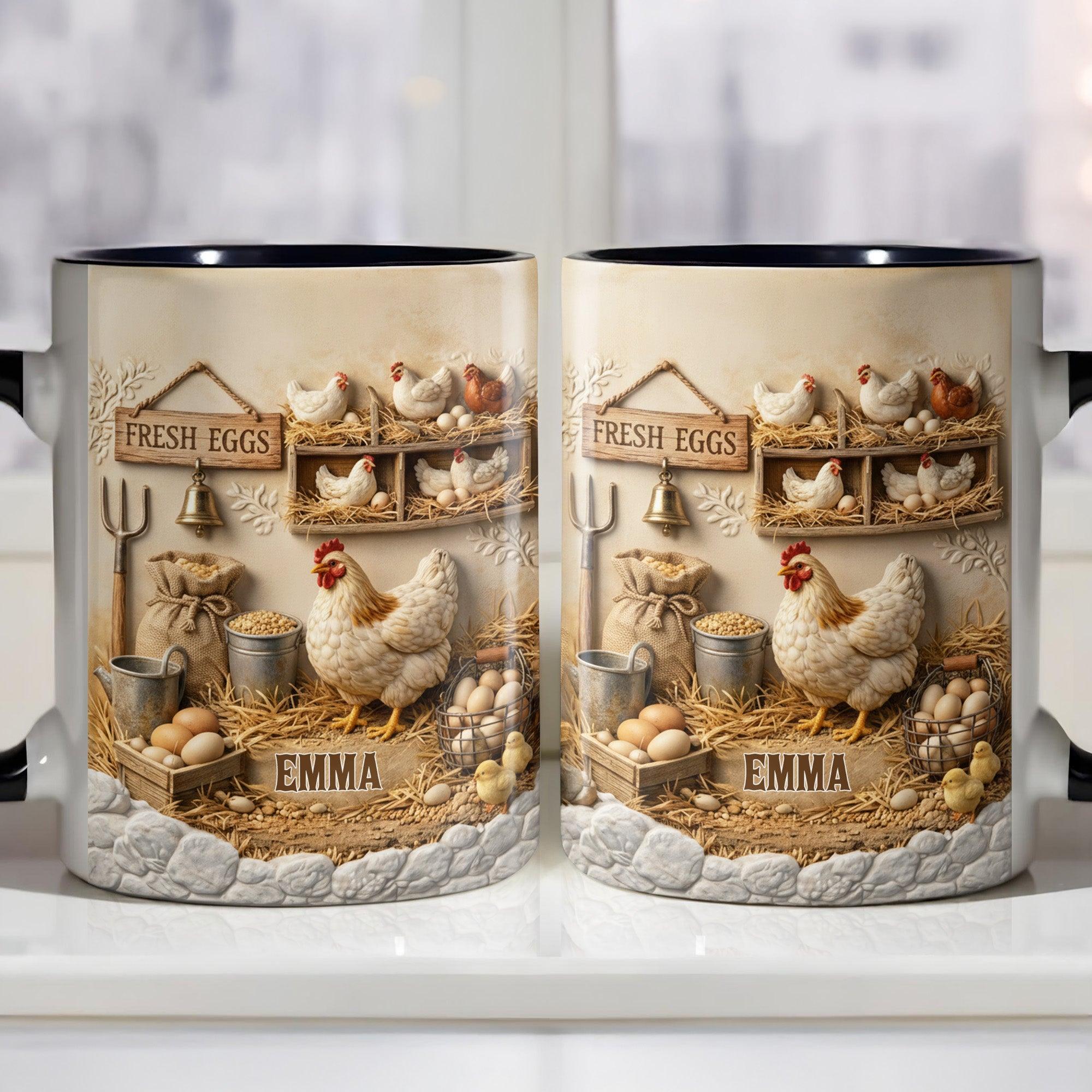 Personalized Chicken Farm Mug, Custom Name Fresh Eggs Coffee Cup, Mother's Day Gift, 3D Inflated Effect Print 2D Ceramic Mug, Crazy Chicken Lady Gift For Grandma