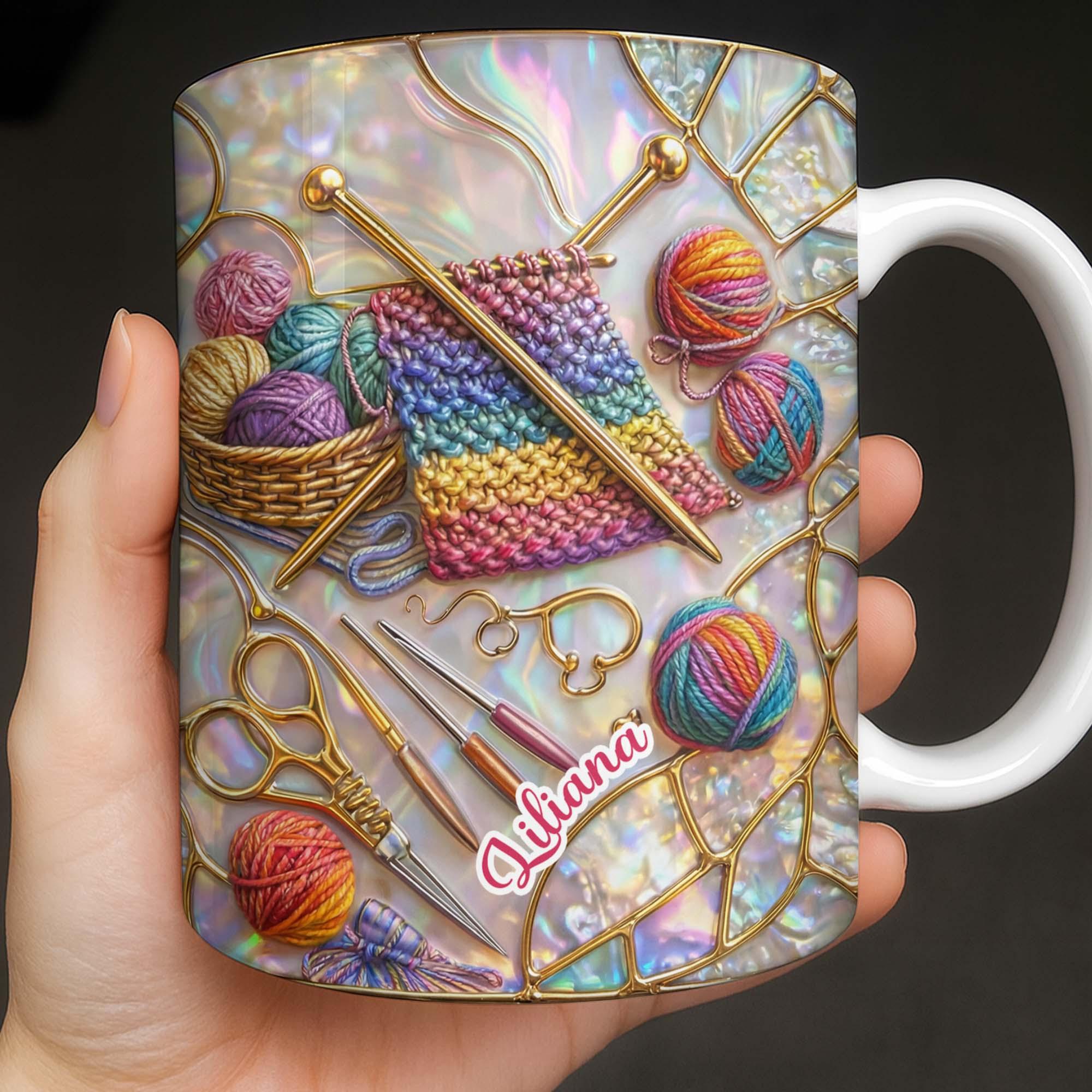 Personalized Knitting Mug, Custom Name Crochet, Mother's Day, Abalone Shell, Stained Glass Effect, 3D Inflated Effect Print 2D Ceramic Mug, Craft Lover Gift 3