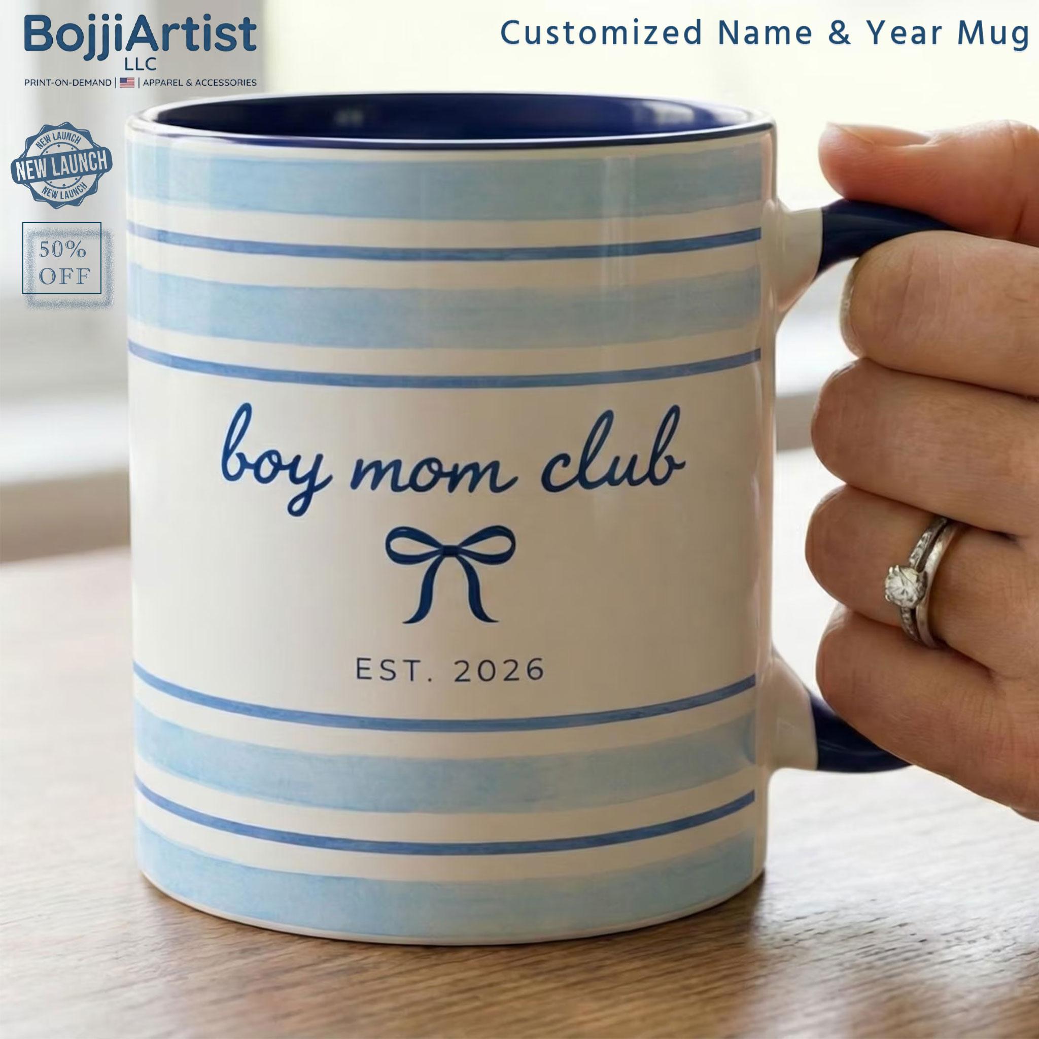 [Flash Deal] BojjiArtist Personalized Boy Mom Name & Year Mug – Custom Coquette Bow Aesthetic Coffee Cup, Custom Established Year Gift, Whimsical Blue Ribbon Ceramic Cup 2