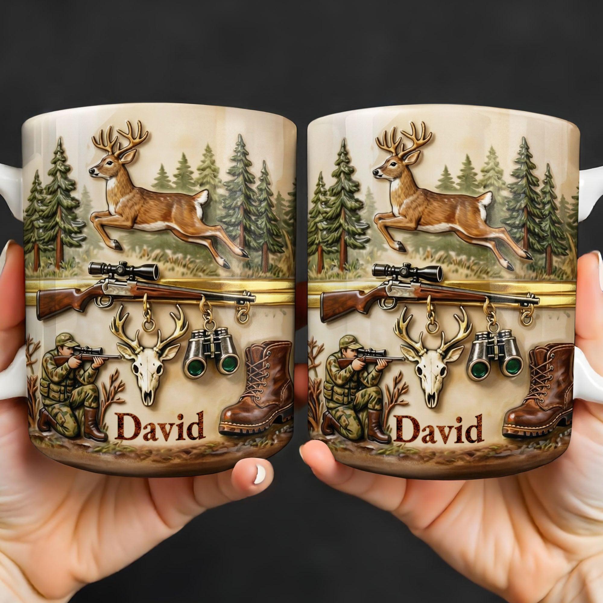 Personalized Hunting Mug, Custom Name Deer Hunter Gift, Buck Rifle Scope Coffee Cup, 3D Inflated Effect Print 2D Ceramic Mug, Best Father's Day Gift For Him 3